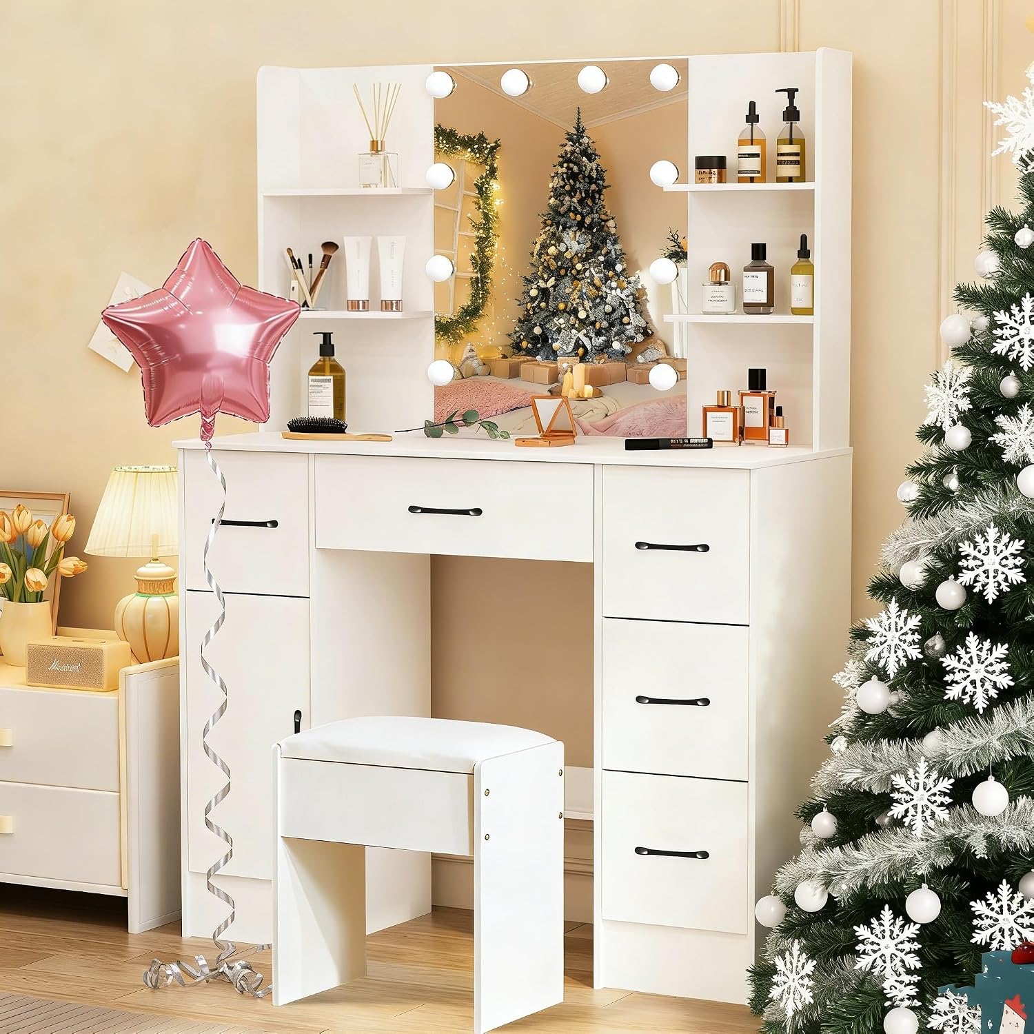Large White Vanity Desk with Mirror,Makeup Vanity with 1 Stool 5 Drawers 6 Shelves & LED Mirror,3 Modes Light Adjustable,39.5" L*15.8" W*55.2" H.