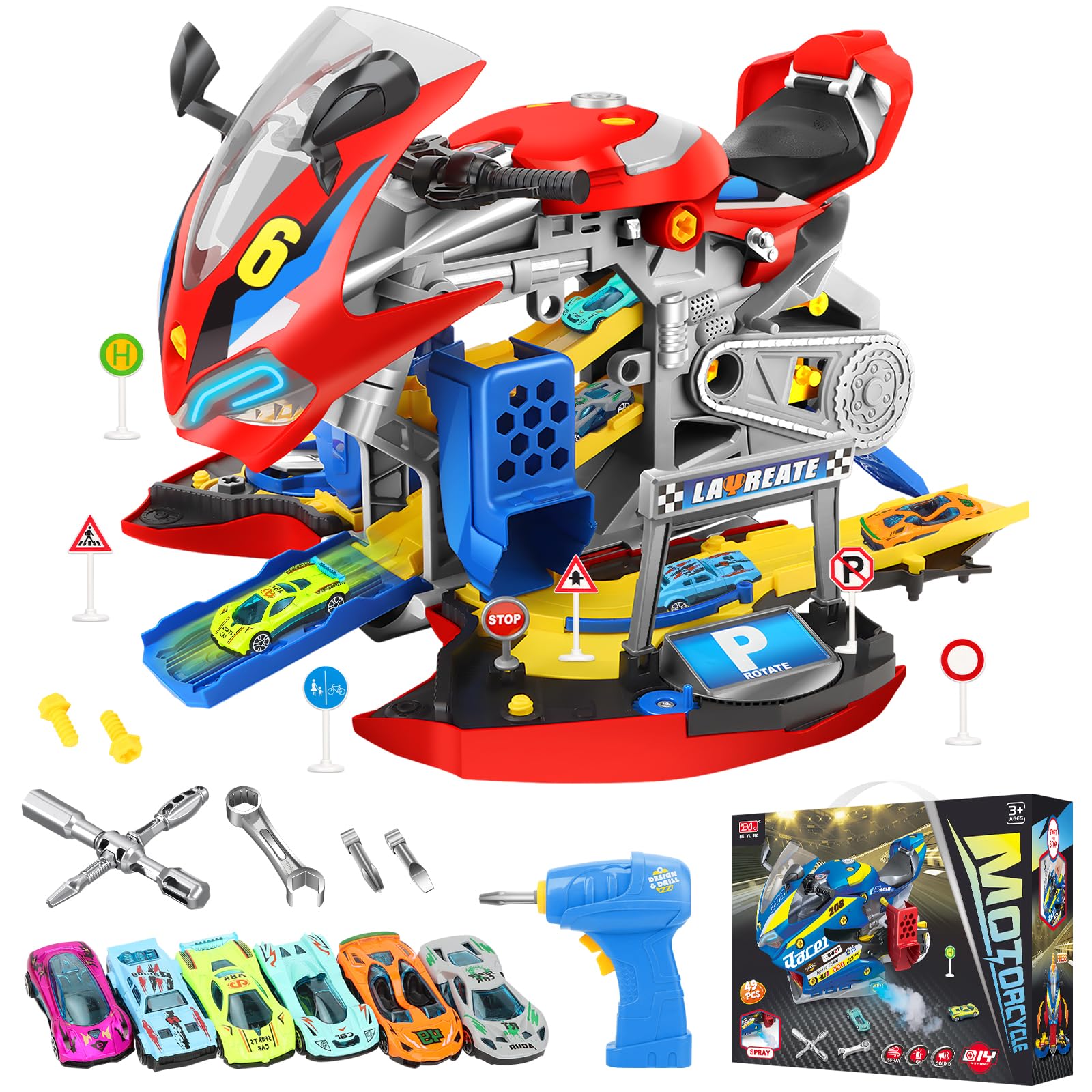 Moto Construir Niños, Moto de Construcción Con Luz y Sonido para 3-8 Años, Kit de Ensamblaje con Taladro Eléctrico y Pista, Regalo Ideal para Niños de 3 4 5 6 7 8 9 (Rojo)