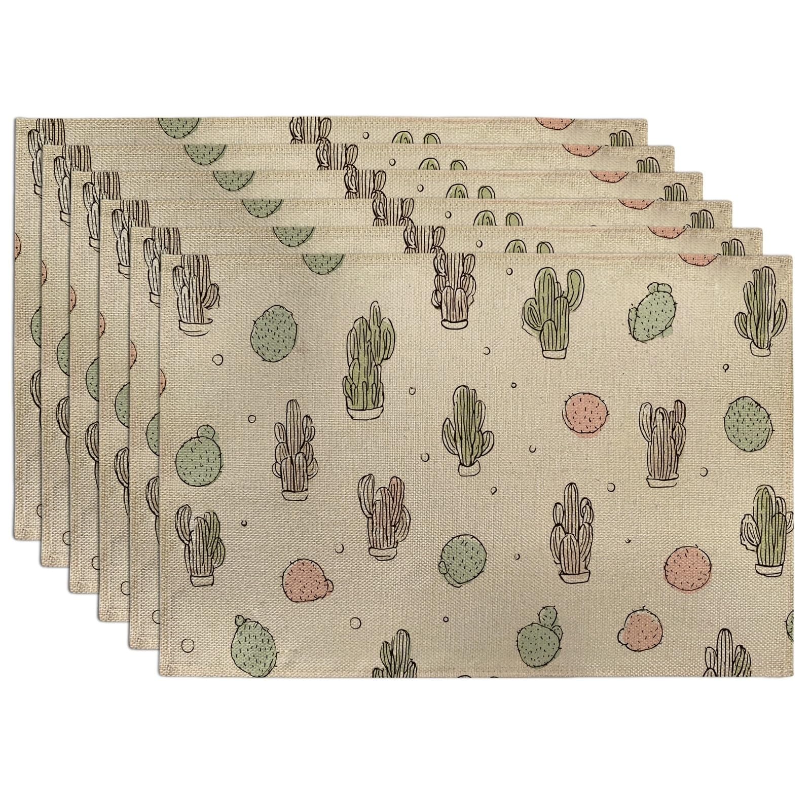 Cactus Pattern Placemats, Beige Desert Botanical Place mats for Dining Table, Non-Slip Washable Indoor Outdoor Party Decorative Placemat Set of 6