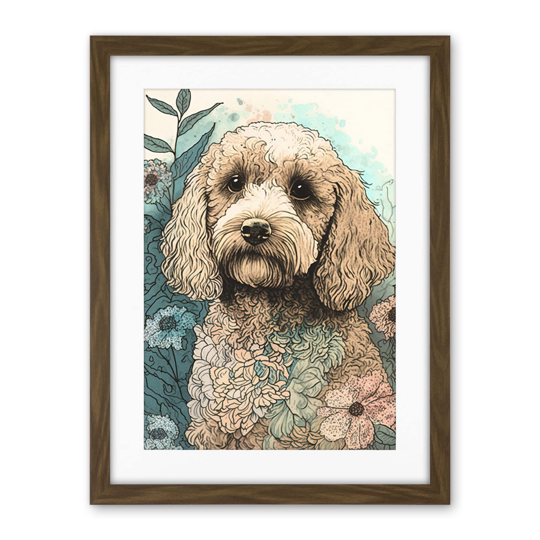 Artery8 Cockapoo Dog in Wildflower Field Pastel Watercolour Illustration Artwork Framed Wall Art Print 18X24 Inch