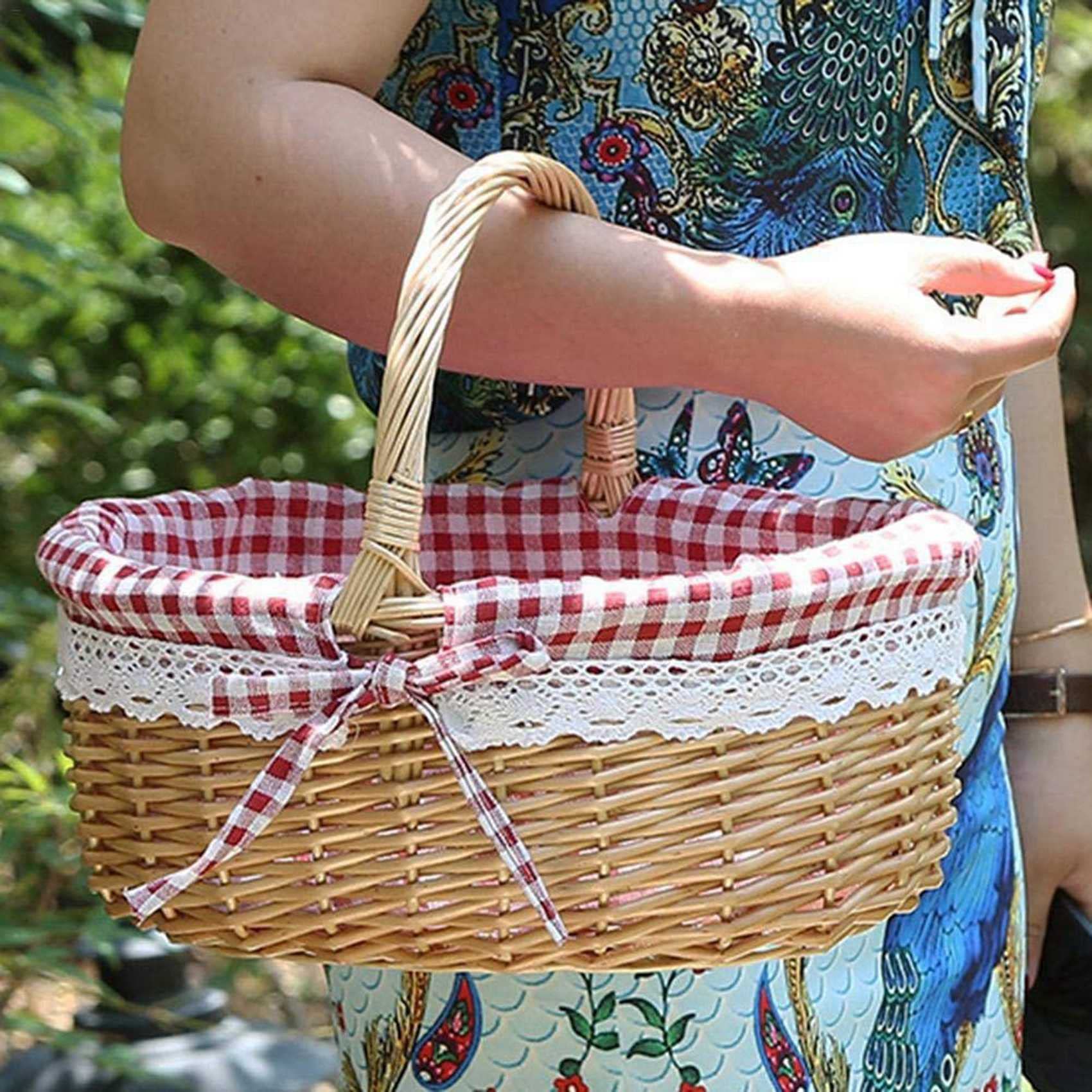 3X Cesta de Mimbre Cestas de Regalo Cesta de Picnic Tejida de Sauce Ovalada Vacía con Asa Cesta de Boda Pequeña