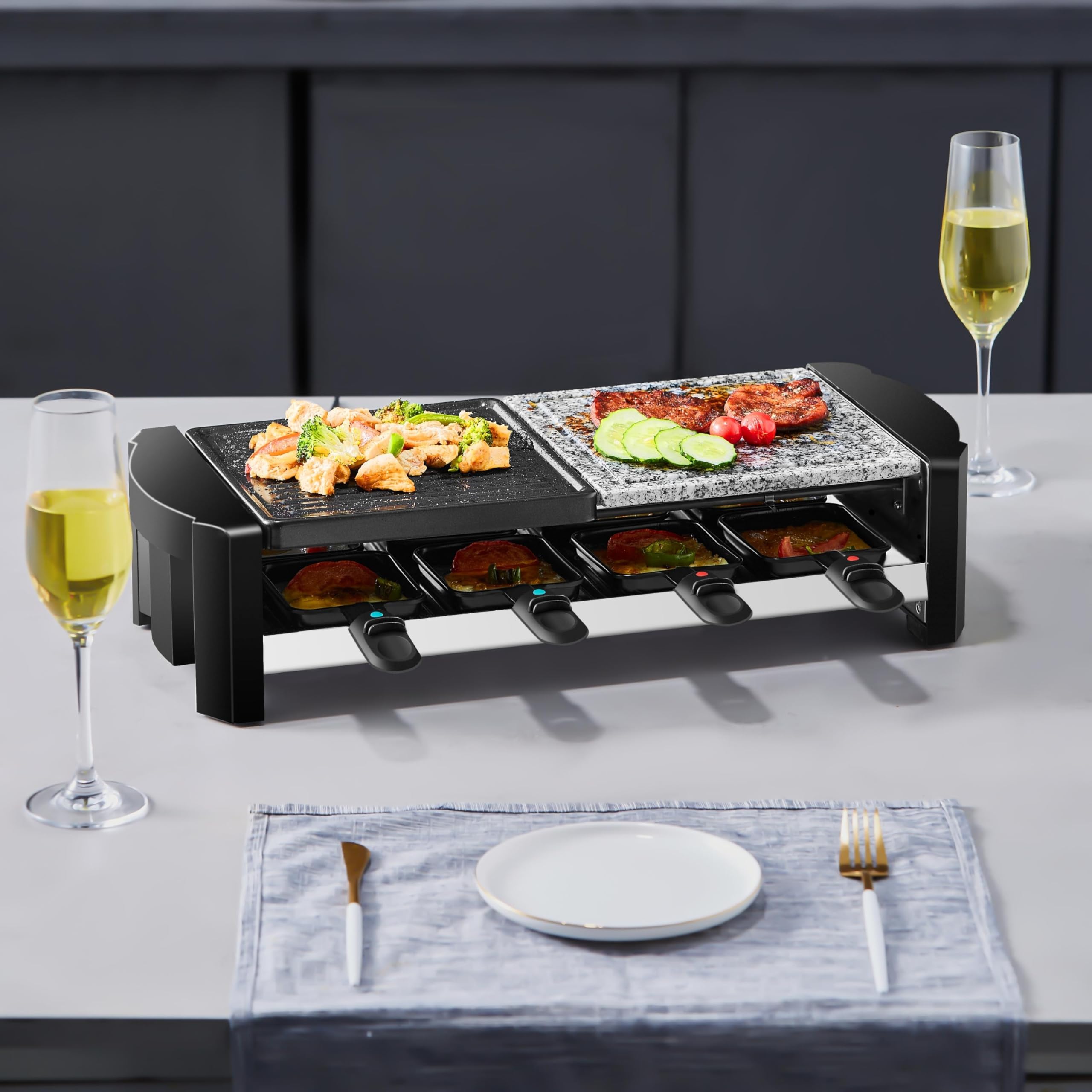 Raclette Gerät für 8 Personen | Party Grill mit Massiver Naturstein- und Beschichteter Grillplatte | Elektro Tischgrill | 1300 Watt | Heizelement aus Edelstahl