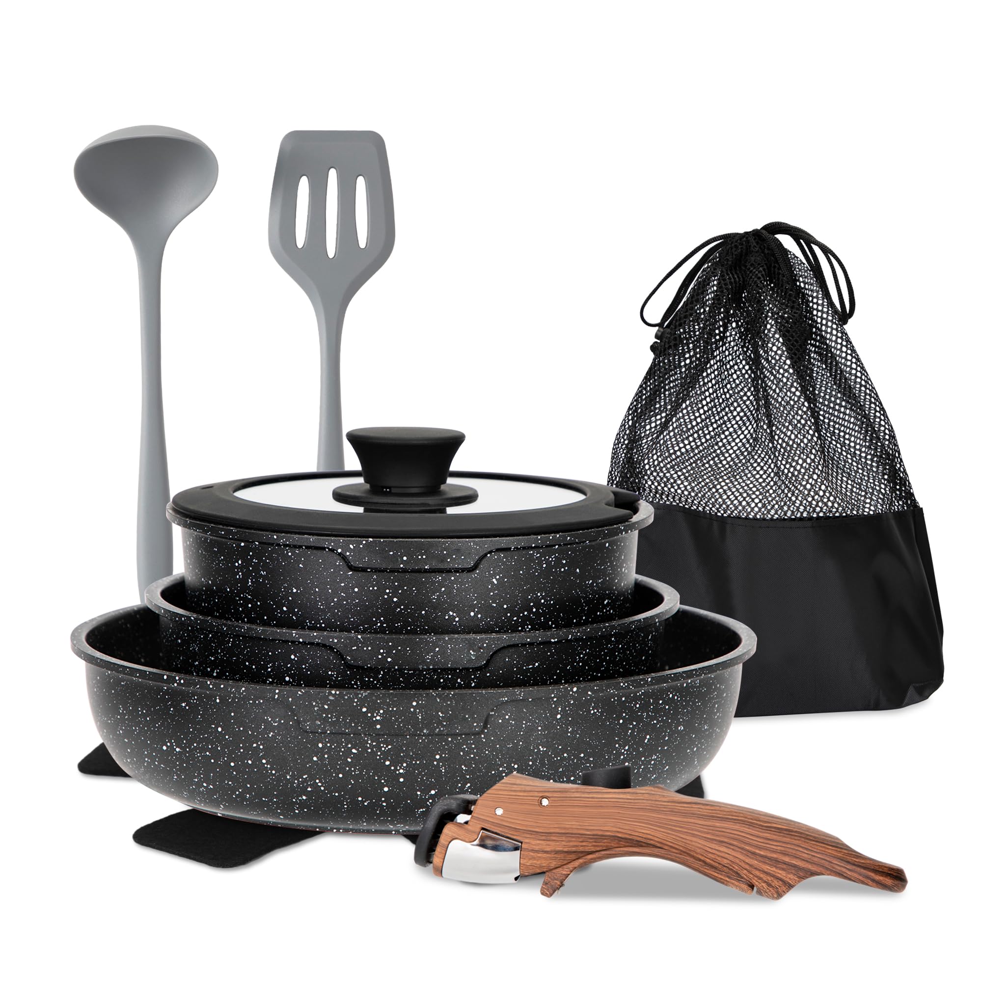 MAISON ARTS Detachable Handle Pots and Pans Set, 10 Piece Nonstick Black Granite Cooking Pot, Stackable Induction Cookware Sets, Ideal for Camping and