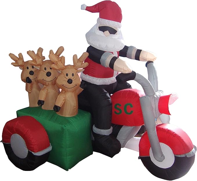 BZB Goods 5 Foot Tall Christmas Inflatable Santa Claus and Three Reindeer on Motorcycle Outdoor Indoor Decoration