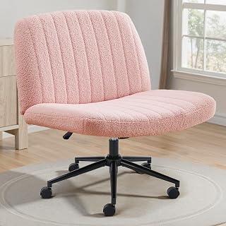 OLIXIS Criss Cross Chair with Wheels - Wide Seat Armless Office Desk Chair for Cross-Legged Sitting, Adjustable Swivel Teddy Pink Vanity Chair