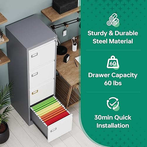 Miniatura 6 de Letaya Archivador de 4 cajones con cerradura, archivadores verticales de metal para oficina en casa, almacenamiento A4F4cartalegal, requiere montaje