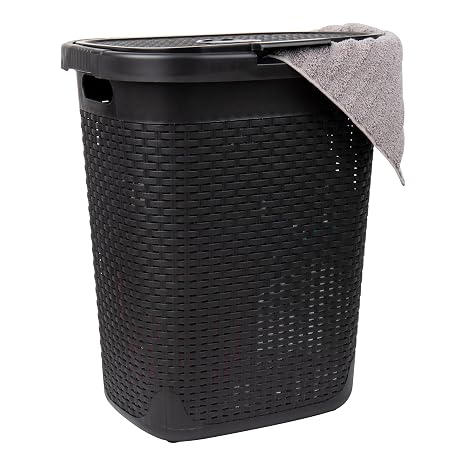 Mind Reader Slim Laundry Hamper with Lid, 50L Clothes Basket, Premium Wicker Design, Plastic, Black