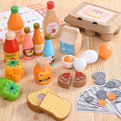 Miniatura 3 de Lonico Juguetes de madera para niños, juguetes de tienda de comestibles con aperitivos, bolsa de compras y delantal para niños, accesorios de