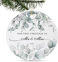 Our First Christmas Married Ornament 2023 Just Married Christmas Ornament as Mr and Mrs, First Year Newlywed Ceramic Round Ornament, Wedding Decoration for Couple Married Handmade Ornament Gift