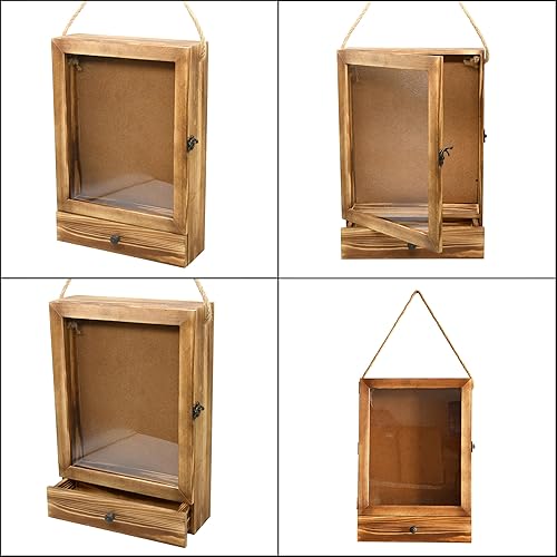 Miniatura 6 de Owlgift Marco de caja de sombra de 11 x 16 pulgadas con cajón con parte trasera de corcho, madera marrón rústica con vidrio pulido para pared y