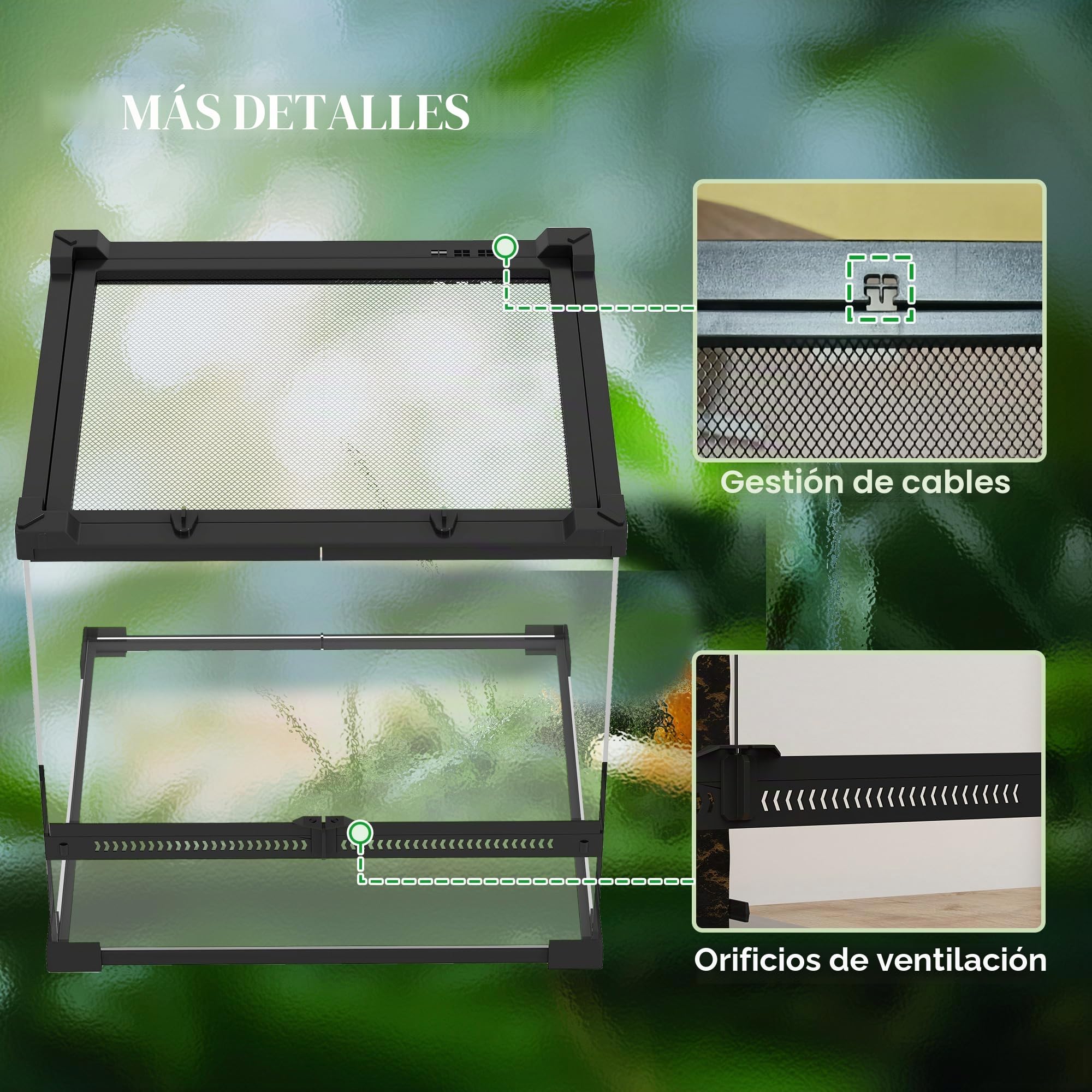 PawHut Terrario para reptiles, terrario de cristal, 24 l, caja de alimentación con ventilación frontal, cierre de rosca irrompible para anfibios, araña, color negro, 30 x 30 x 30 cm
