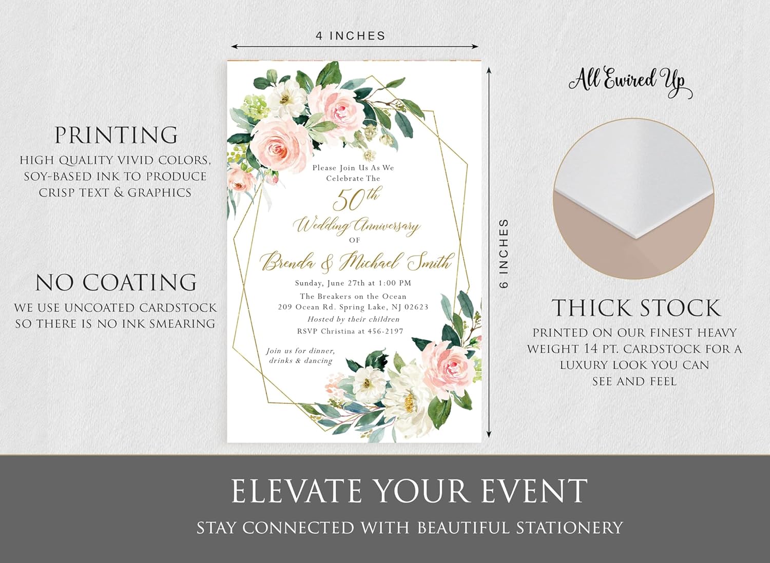 All Ewired Up Anniversary Invitations and Envelopes, Blush Pale Pink Floral Invites with Greenery, Elegant and Modern Bridal Shower Invites, 50th 25th 60th Personalized