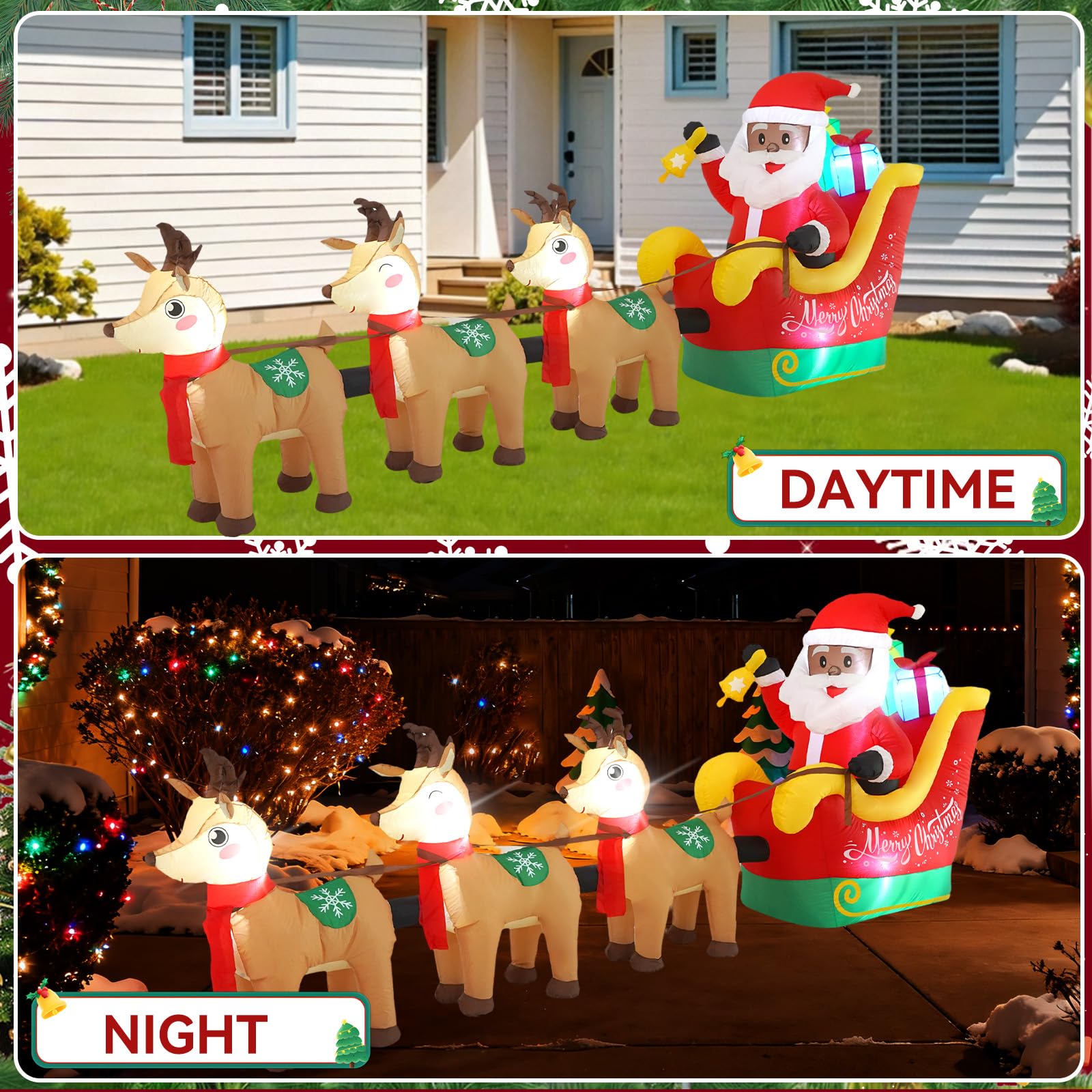 Sanlu Traîneau de Père Noël gonflable d'extérieur avec lumières LED pour décoration de fête de Noël, décoration de jardin d'hiver, 3,7 m