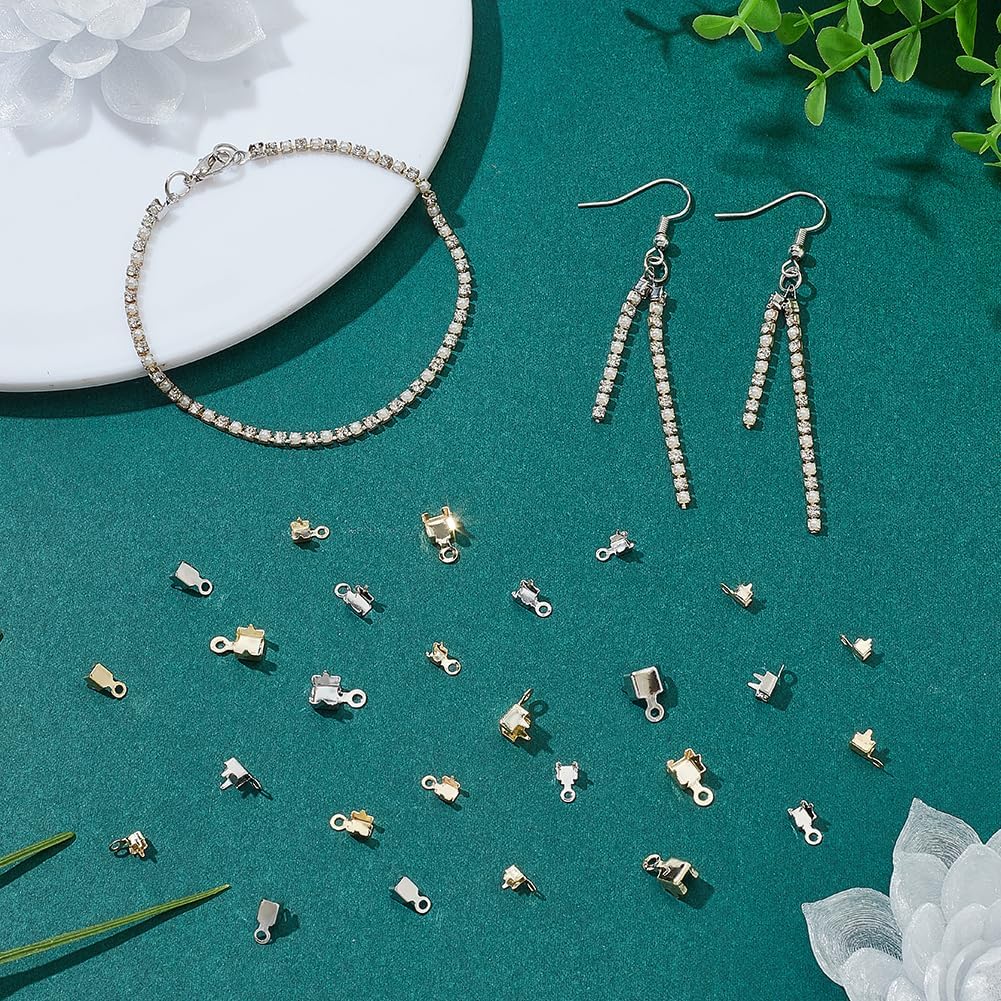PH PandaHall 200pcs 5 Sizes Cup Chain Connectors, 14k Brass Cup Chain Ends Gold Silver Charm Pendant Connectors Terminators with Loop for Iced Out Rhinestone Chain Jewelry Making Crafts