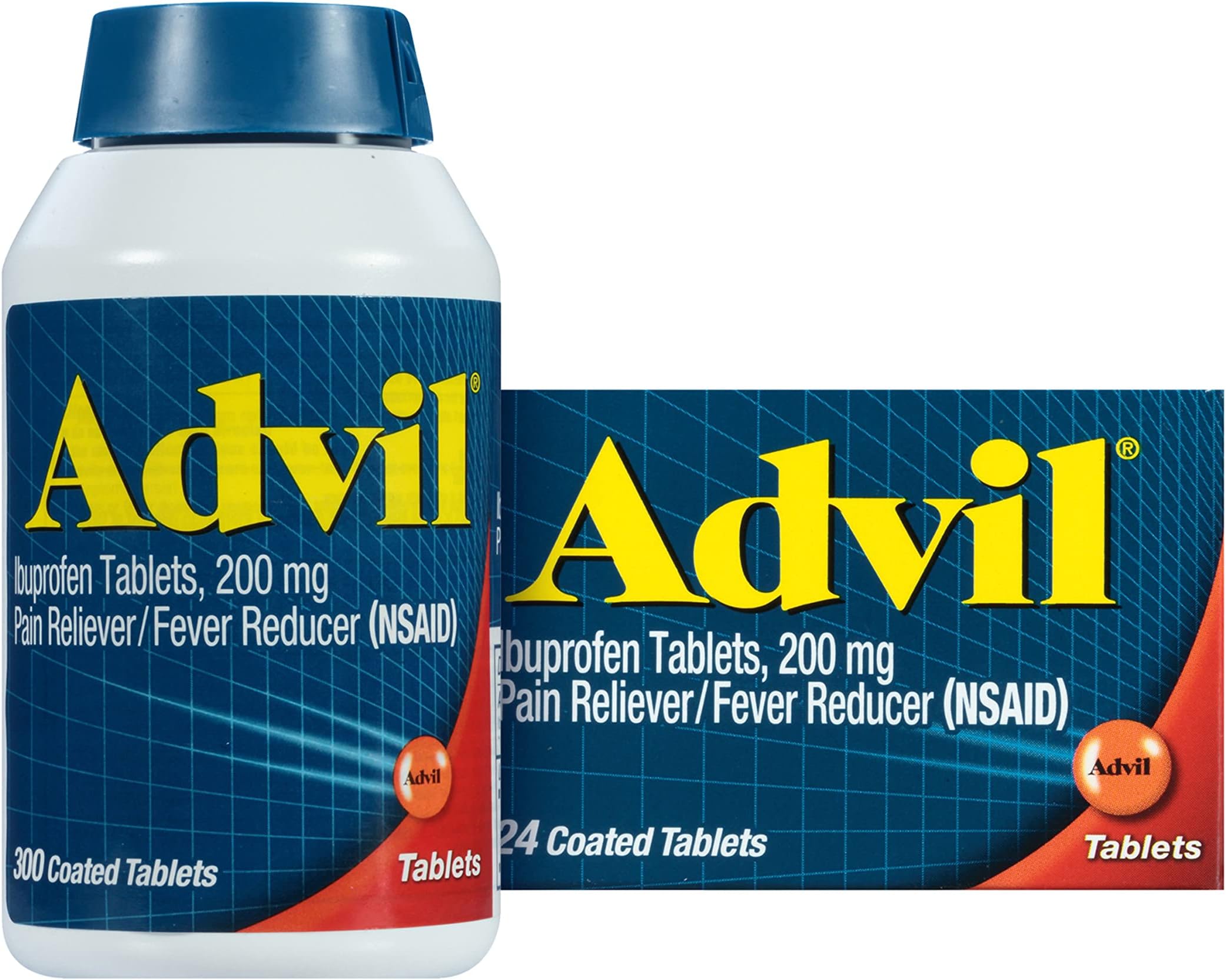 Advil Pain Reliever and Fever Reducer, Pain Relief Medicine with Ibuprofen 200mg for Headache, Backache, Menstrual Pain and Joint Pain Relief - 300+24 Coated Tablets