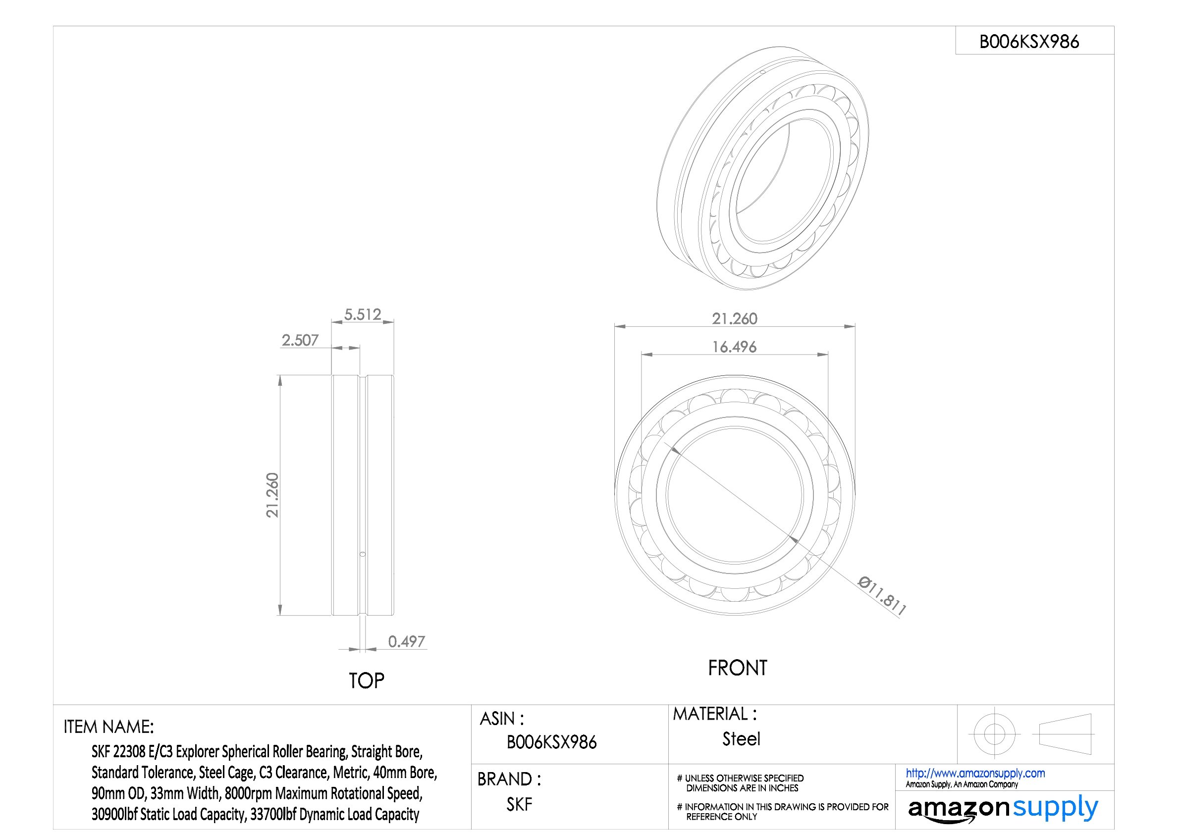 SKF 22308 E/C3 - Rodamiento de rodillos radiales esféricos