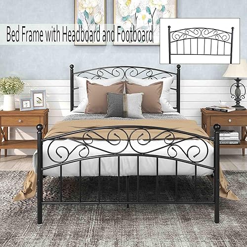 Miniatura 3 de Base de cama matrimonial de metal, plataforma moderna con cabeceroestribo, cámaras de base de colchón, base de cama resistente, no necesita somier,