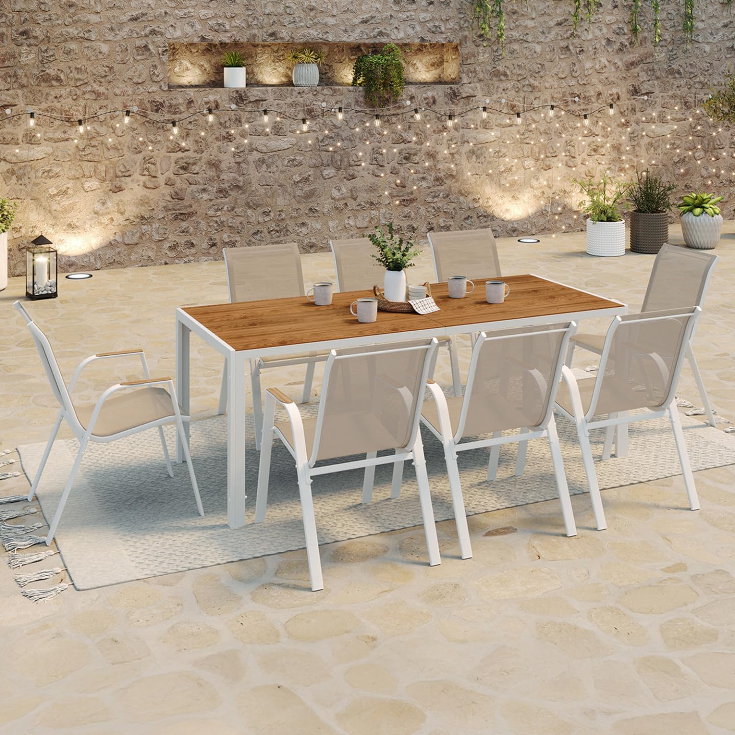 IDMarket - Salon de Jardin NOUMEA Table 190 cm Plateau Verre trempé Effet Bois et 8 chaises empilables Blanc et Bois