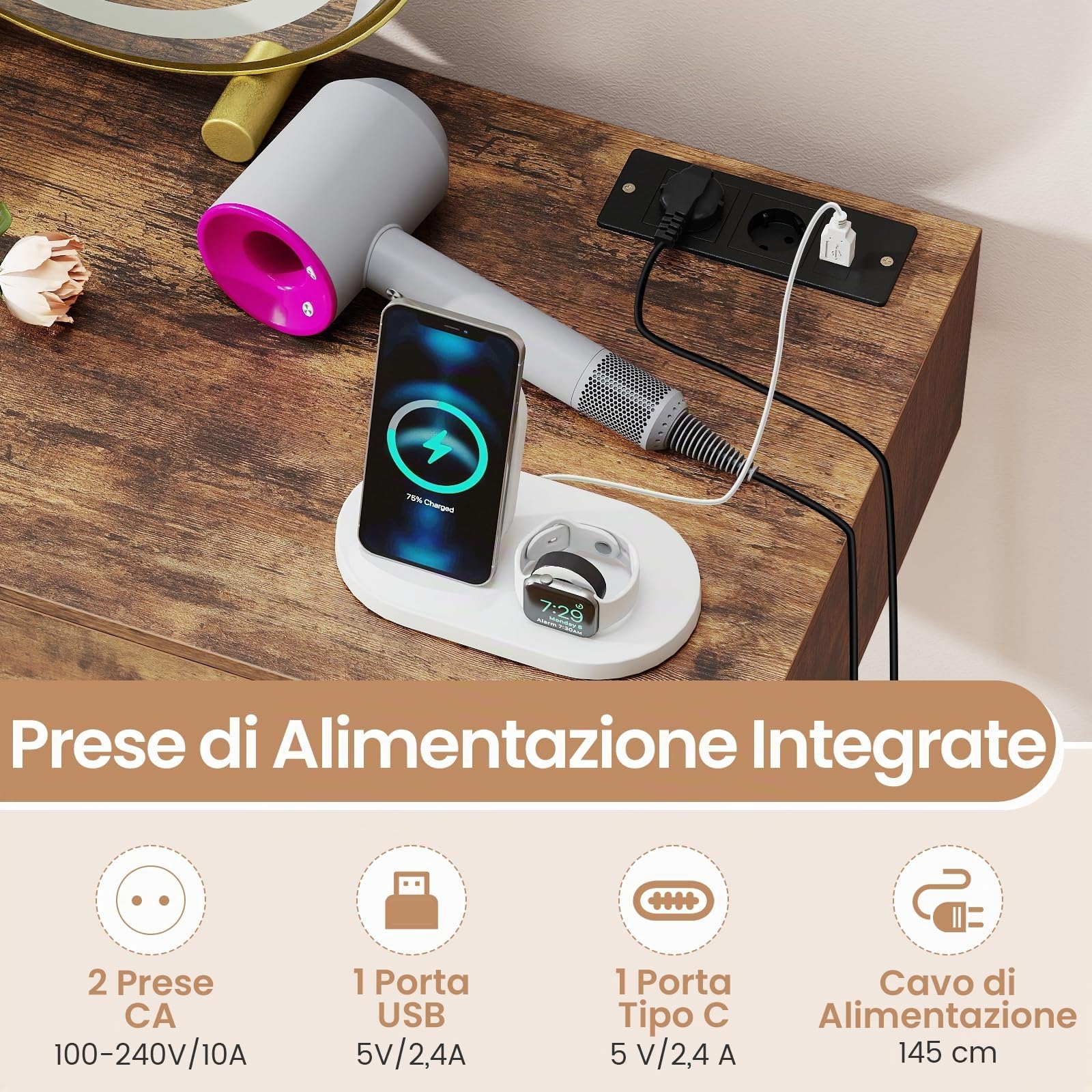 COSTWAY Toeletta Trucco con Specchio e Luci, Tavolo Trucco con Specchio Regolabile, Stazione di Ricarica Integrata, 2 Cassetti, Sgabello Imbottito, per Soggiorno Camera da Letto