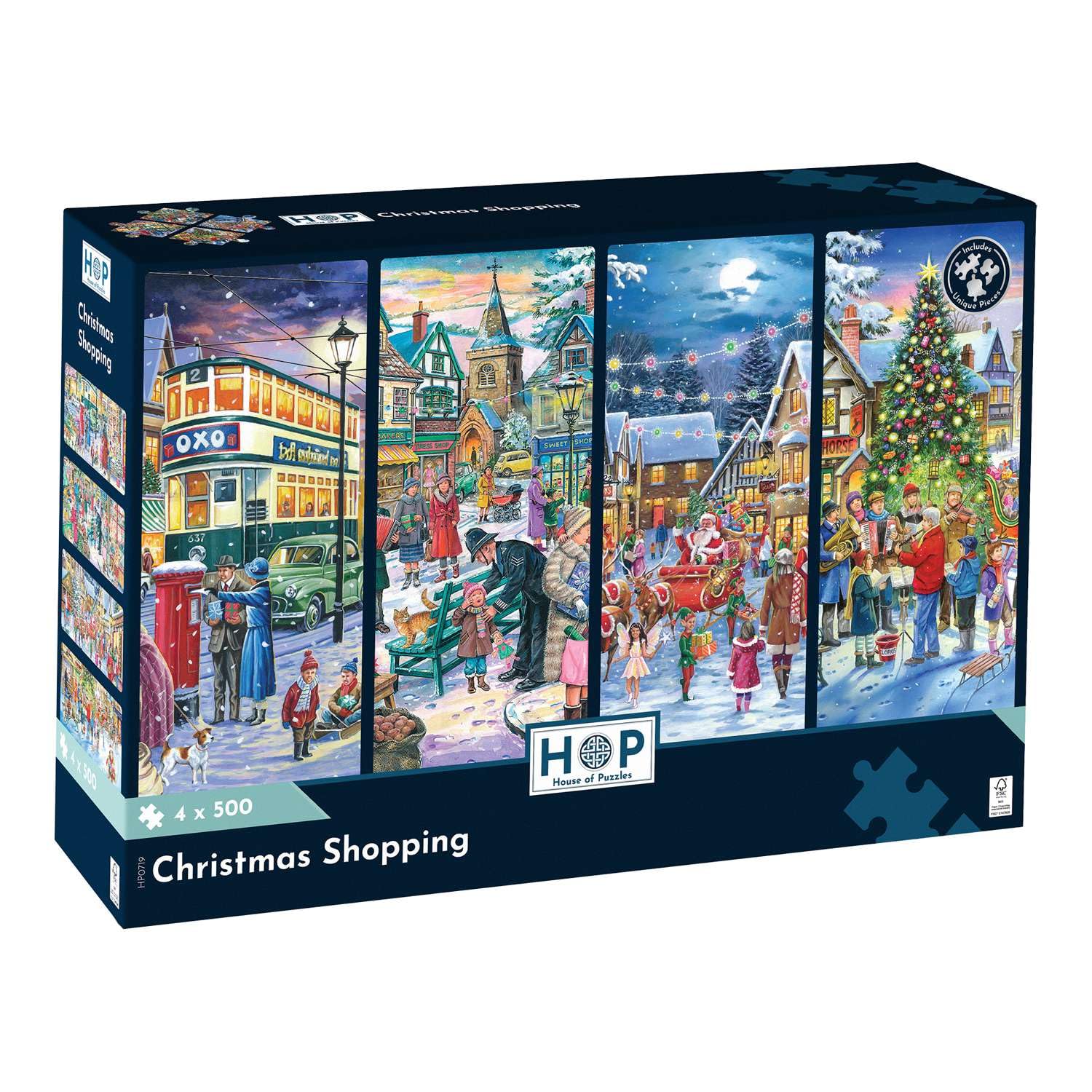 The House of Puzzles Christmas-Themed 4 x 500 Piece Jigsaw Set for Adults - Multi-Puzzle Pack, Artist-Illustrated, Susta