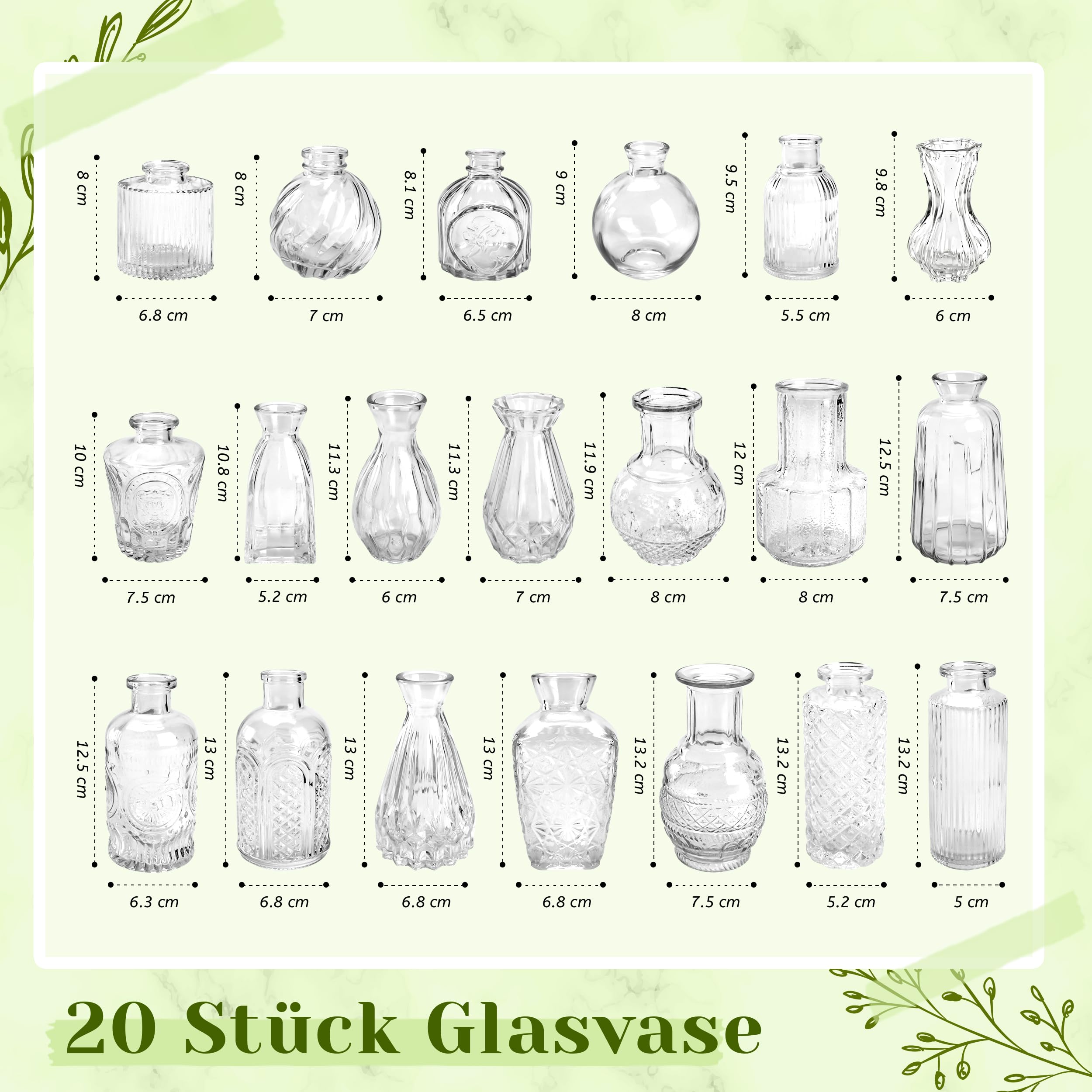 BTSD-home 20 Stück Blumenvase Set, Kleine Vasen für Tischdeko mit elegantem Design, robust zur Hochzeitsdeko, Tischdeko und Party Deko