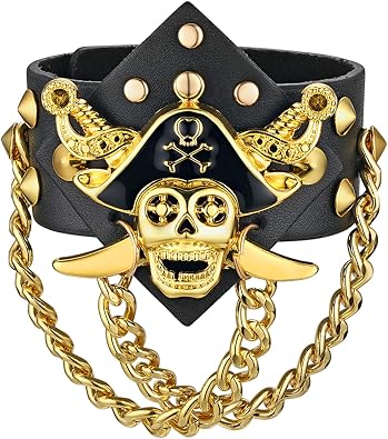 Pirate Costume Leather Cuff Bracelets, Halloween Costume Skull Biker Bracelet Wristband for Men, Adjustable