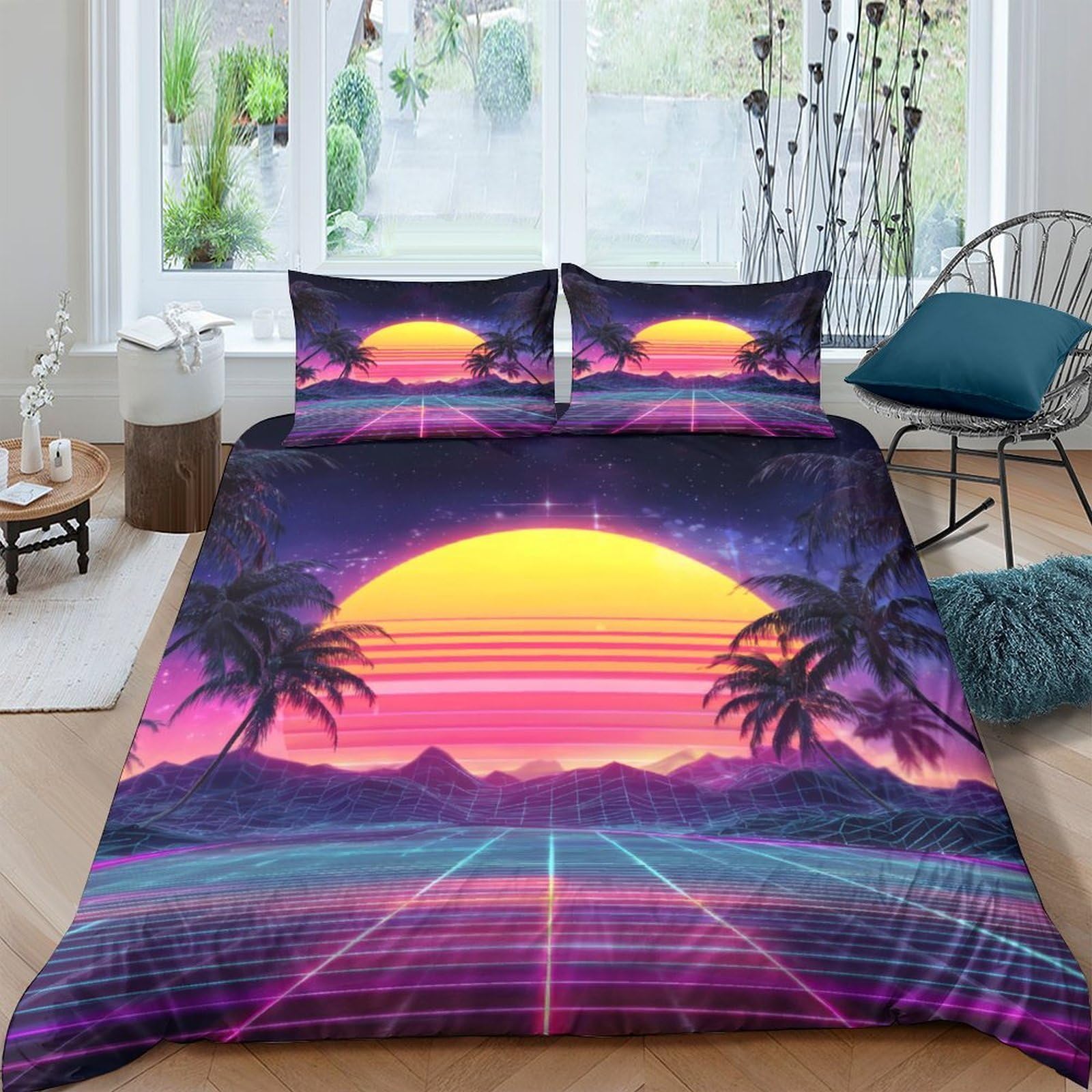 Ctjqhvkz Style-2 3D Printed Retro Sunset Fitted Sheet Microfiber Soft Breathable Palm Beach Mattress Cover For Bedroom Guestroom Decor Single（135X200cm）