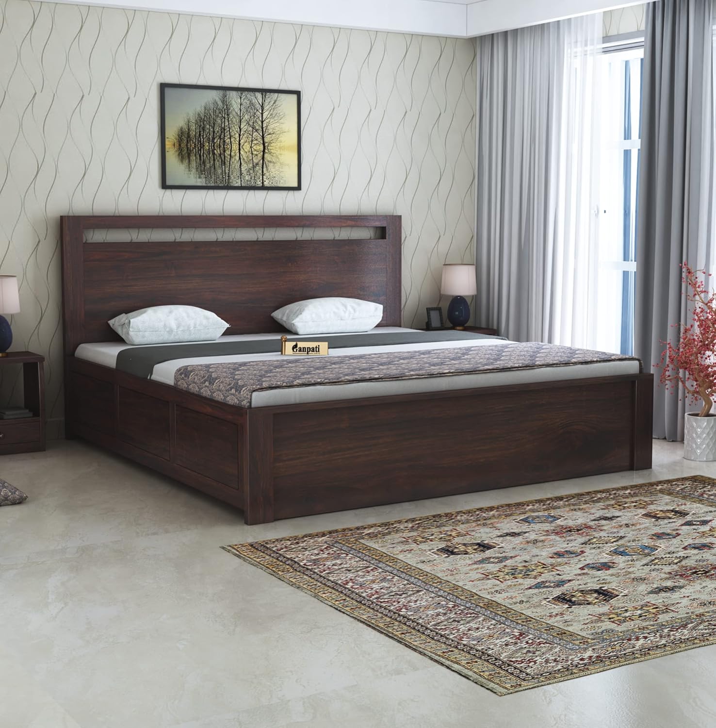 Ganpati Arts Solid Sheesham Wood Jaipur Queen Size Bed with Box Storage Wooden Double Bed Palang
