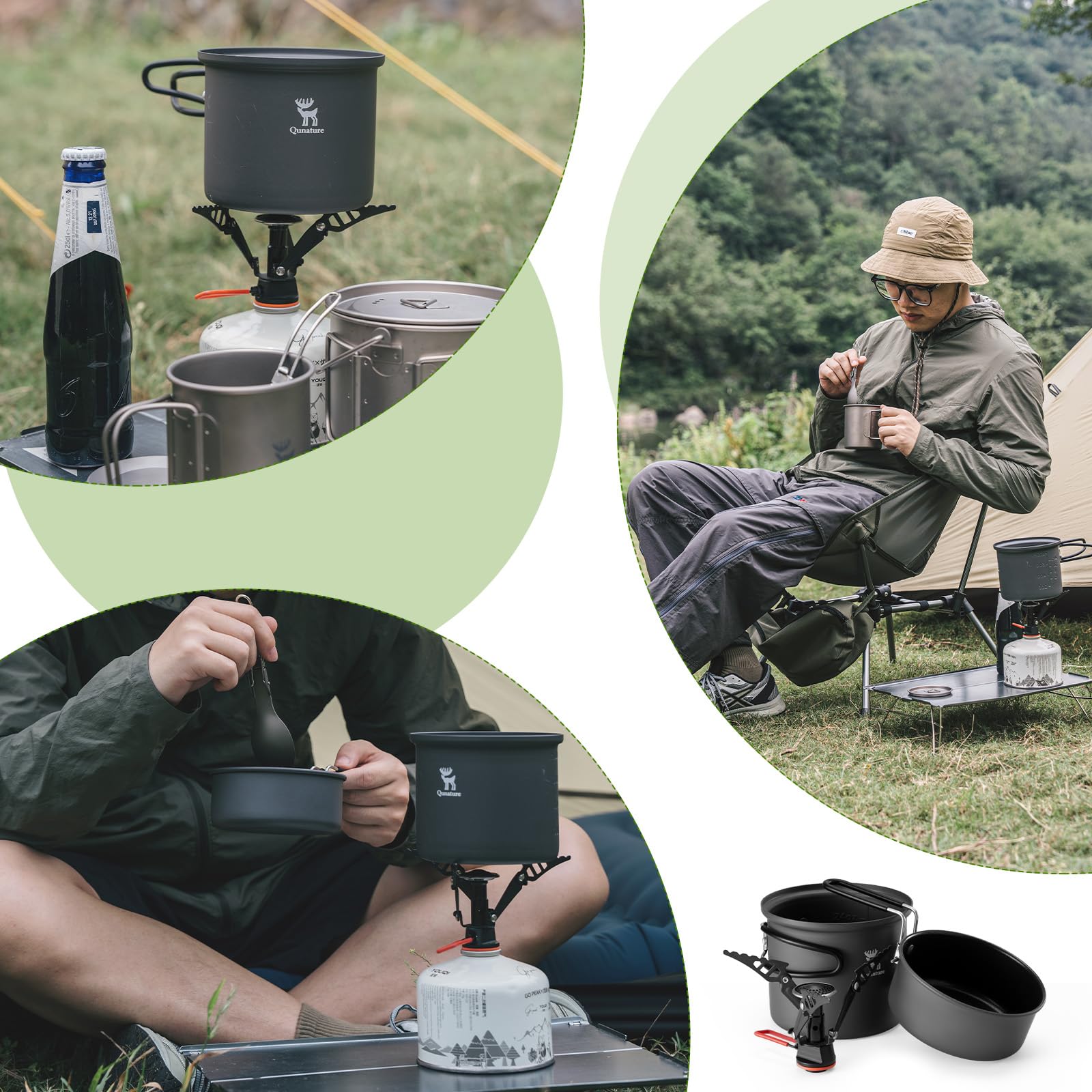 Garnek Campingowy 1,1 L z Pokrywką i Składanym Uchem, Zestaw z Kuchenką i Sztućcami, Lekki Kompaktowy Garnek Outdoor do Ogniska, Gazu, Trekkingu i Biwaku