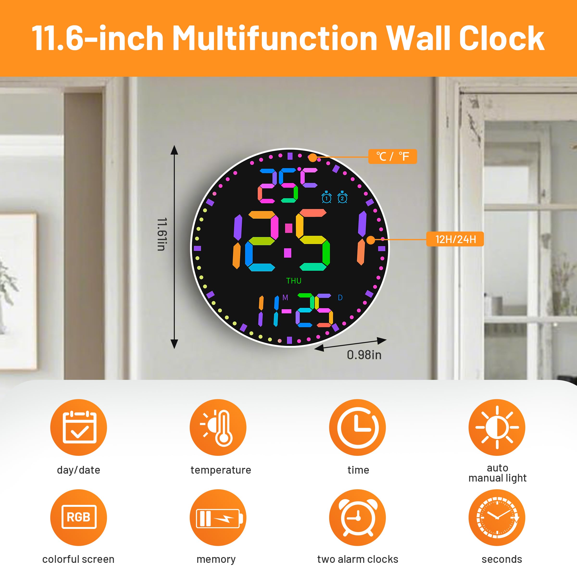 Groß Wanduhren Digital Rund, 30 cm/11.6" LED Bildschirm, 12 RGB-Farben, Große Digitale Wanduhr mit Fernbedienung, LED Wanduhren, Automatische Helligkeit, Wecker