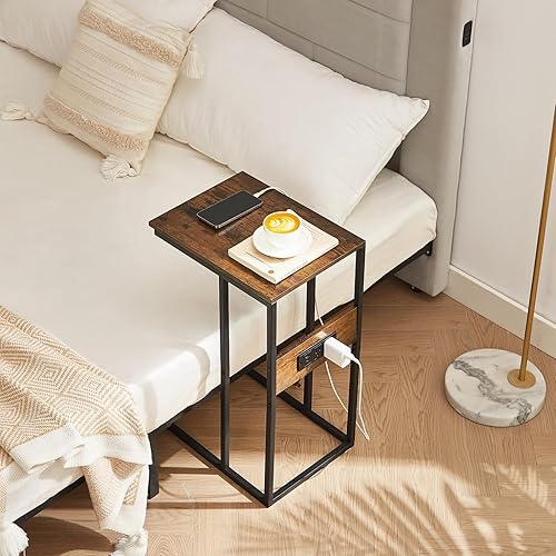 Miniatura 2 de BUDOME Mesa auxiliar en forma de C con estación de carga, mesa auxiliar con tomas, mesa de sofá con puertos USB C, mesa C con superficie premium y