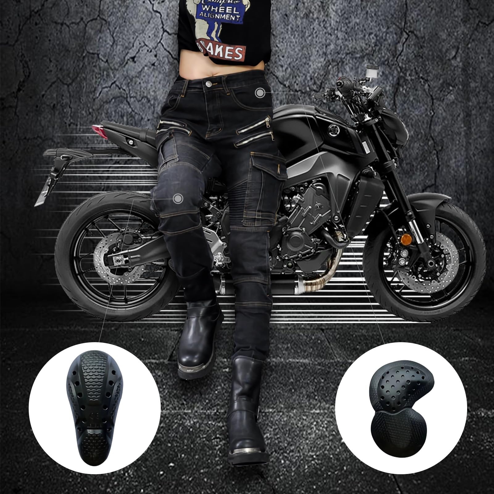 Damen Slim Fit Motorrad Jeans Mit Protektoren Knie Und Hüftprotektoren Stretch Slim Fit Denim Motorradhose Cargo Motorradjeans Schutzhose Biker Pants (Schwarz,S)