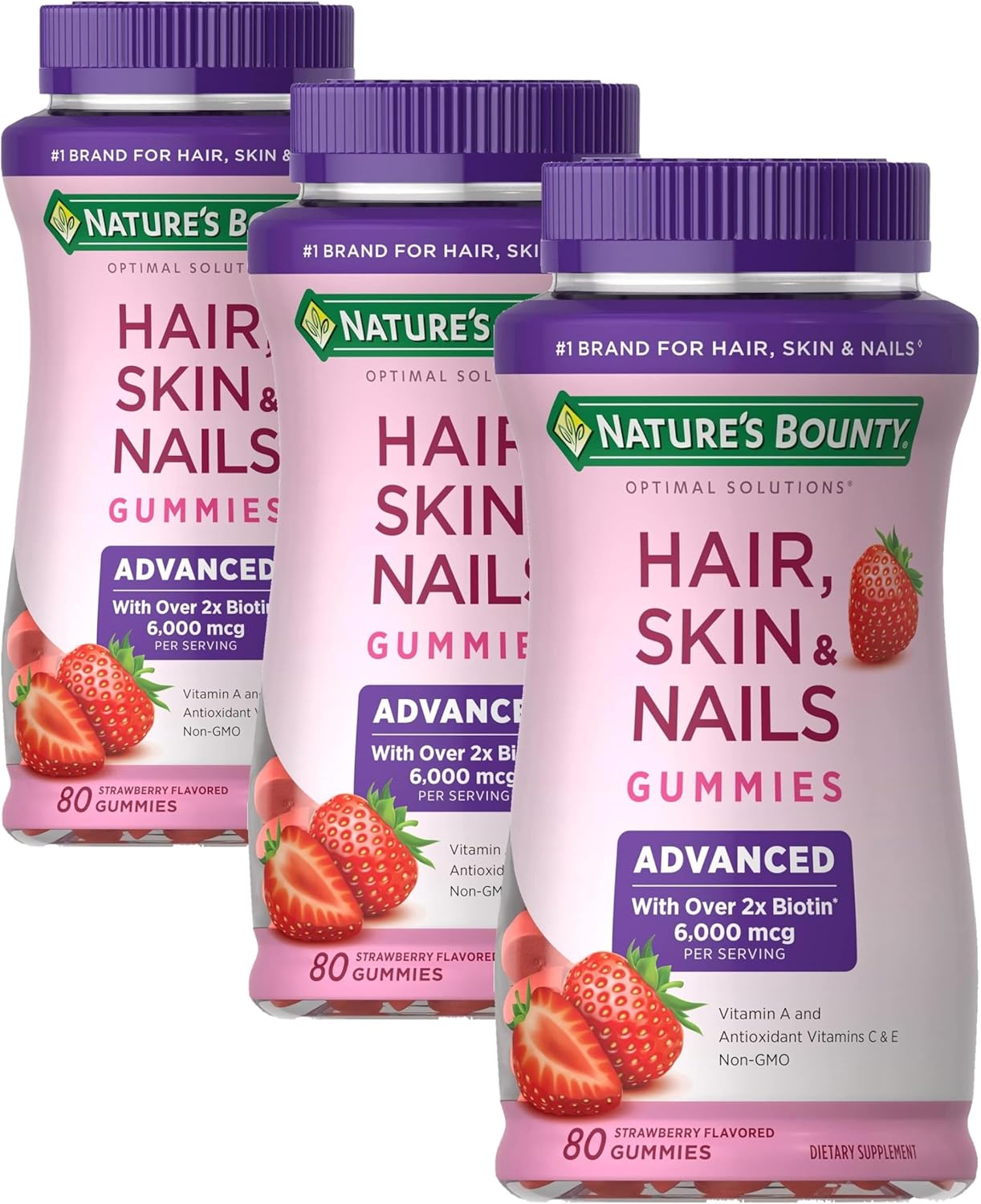 Nature's Bounty Optimal Solutions Advanced Hair, Skin, Nails, 2X Biotin, 80 Strawberry Gummies, 40 Total Servings (Pack of 3)