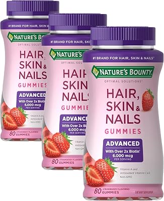 Nature\'s Bounty Optimal Solutions Advanced Hair, Skin, Nails, 2X Biotin, 80 Strawberry Gummies, 40 Total Servings (Pack of 3)