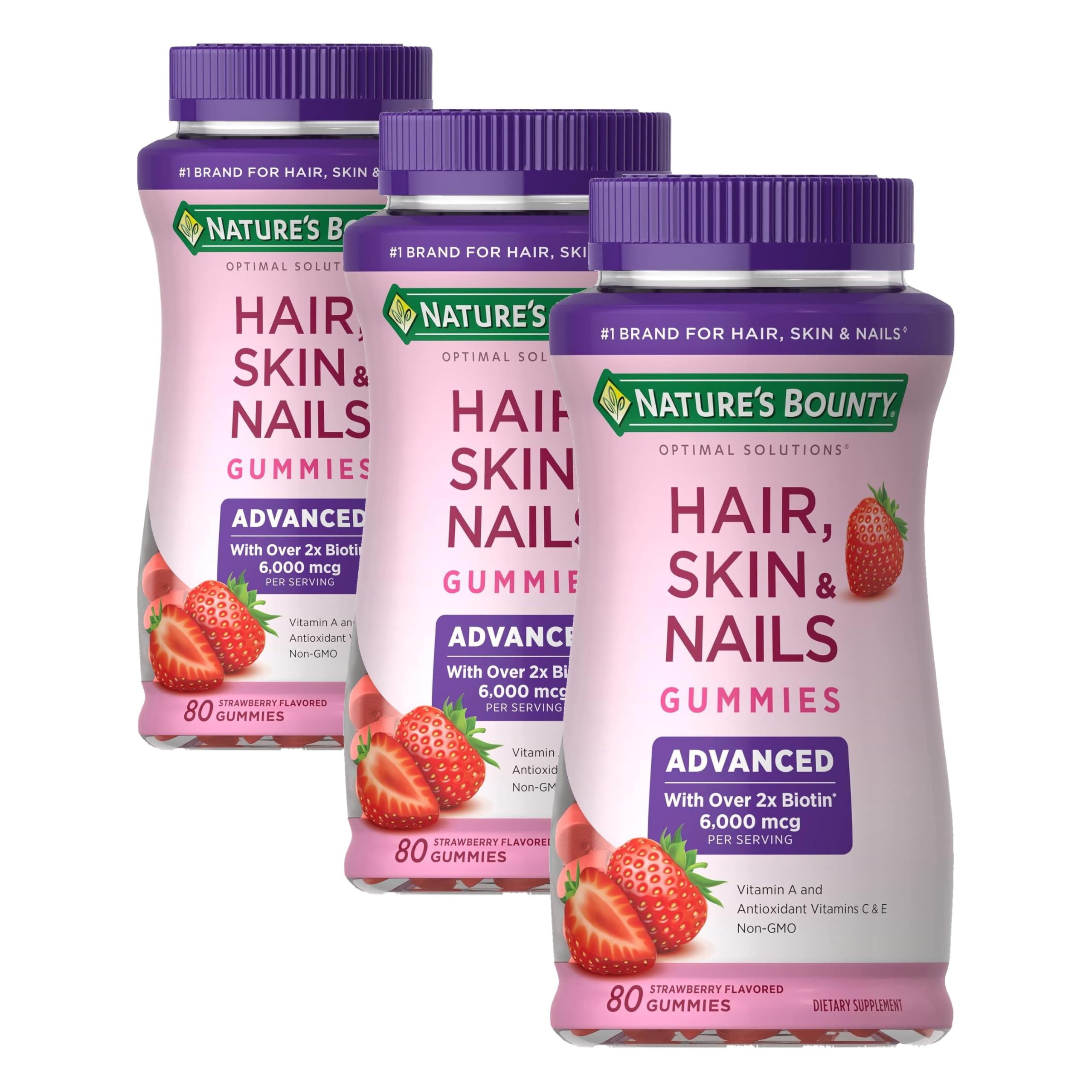 Nature's Bounty Optimal Solutions Advanced Hair, Skin, Nails, 2X Biotin, 80 Strawberry Gummies, 40 Servings, (Pack of 3)