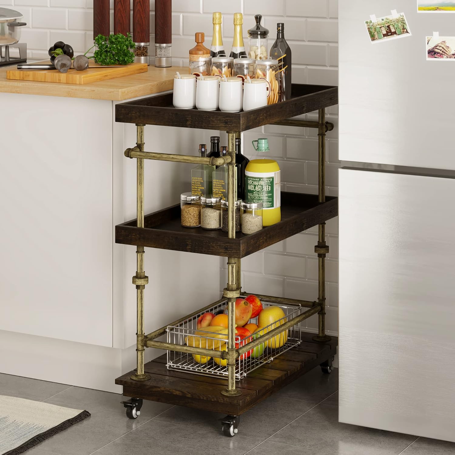 Industrial 3-Tier Bar Cart with Wood & Metal Frame