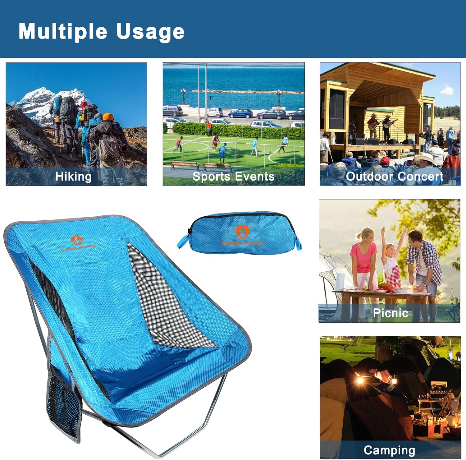 Ultralight Folding Camping Chair Low Lightweight Foldable Camp Chairs with Carry Bag for Hiking, Backpacking, Picnic, Outdoor Concert, Sports Events, Beach - Image 6