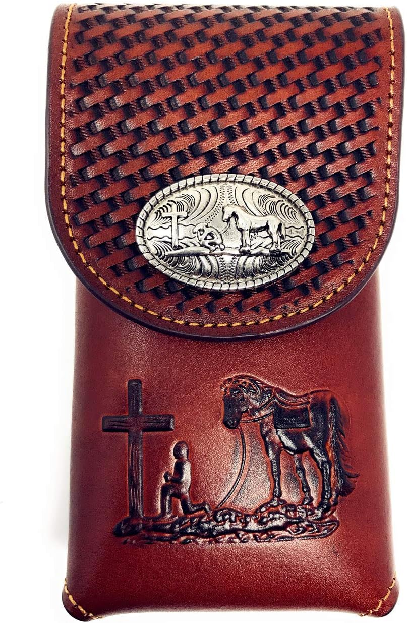 Texas West Western Cowboy Tooled Basketweave Leather Praying Cowboy Concho Belt Loop Cellphone Holster Case in 2 Colors (Coffee)