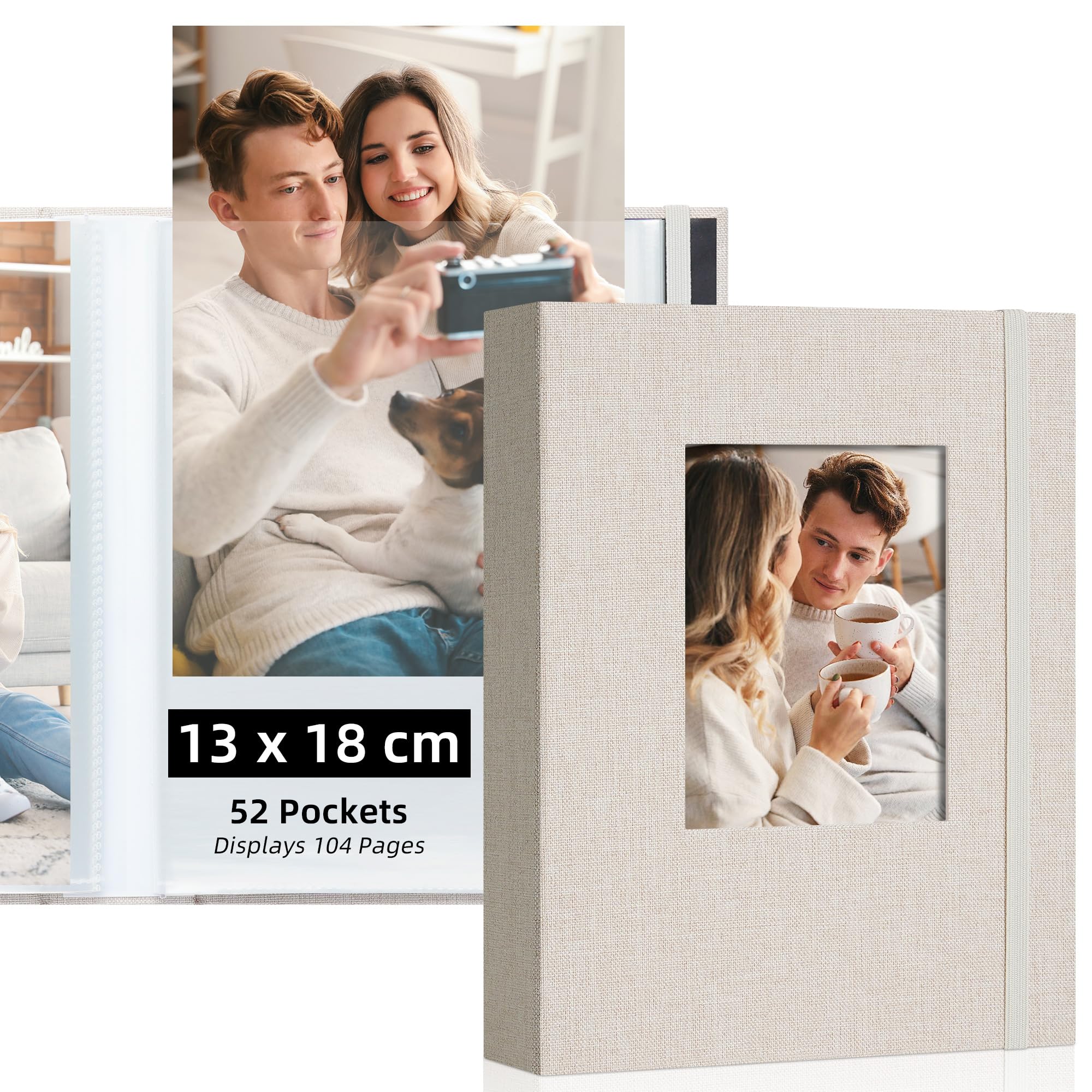 Remowtih 5x7 Photo Album with Customisable Window Cover – 26 Pockets (Holds 52 Photos) – DIY Insert Photo Book for Family, Travel, Wedding,Beige