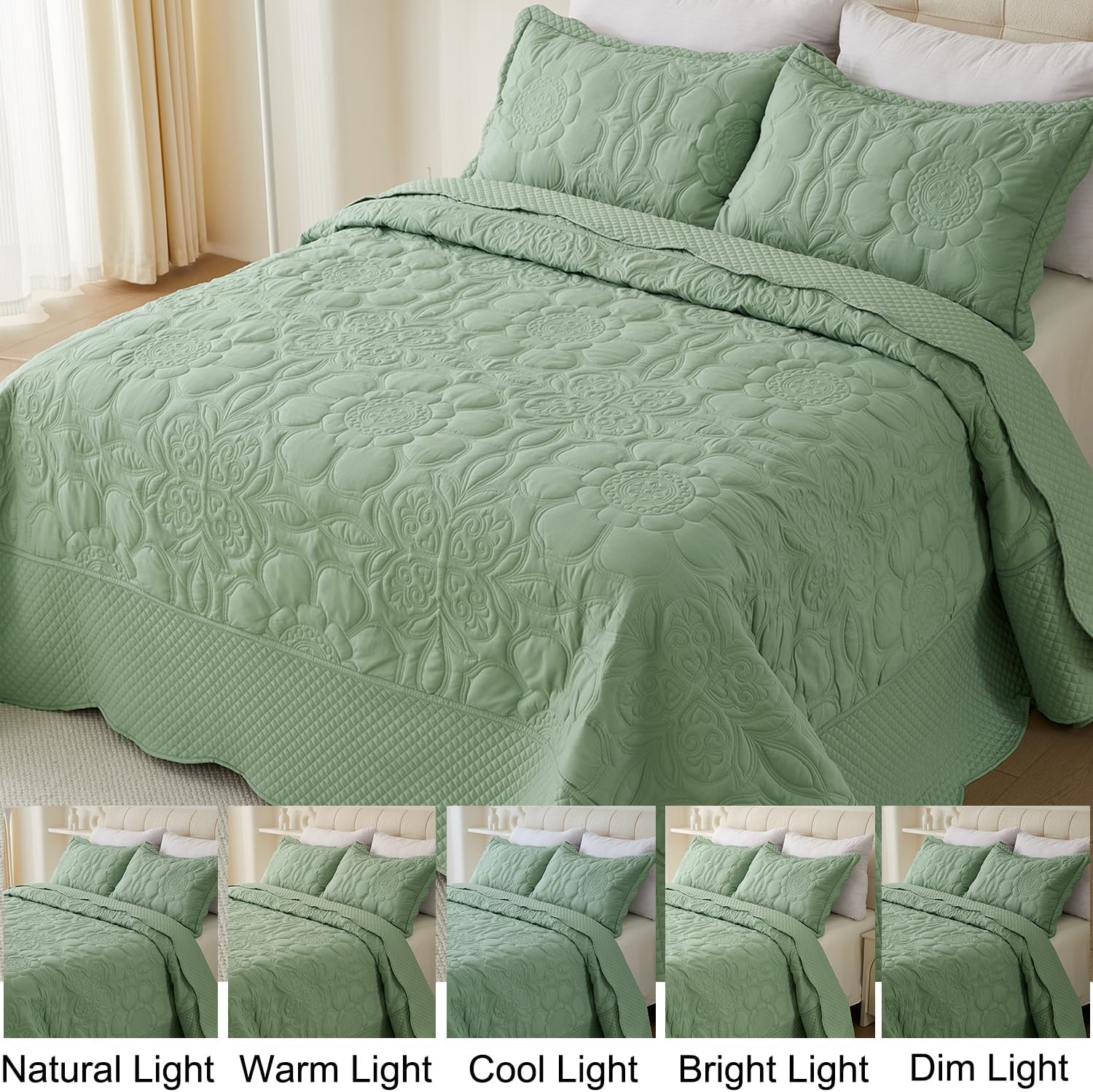Cmfshape Oversized King Bedspread 120"x120" - California King Floral Pattern Stitching Quilt Set,Luxury Bedding Set,Reversible Soft Lightweight Bedspread Coverlet for All Season,3 Pieces,Sage Green