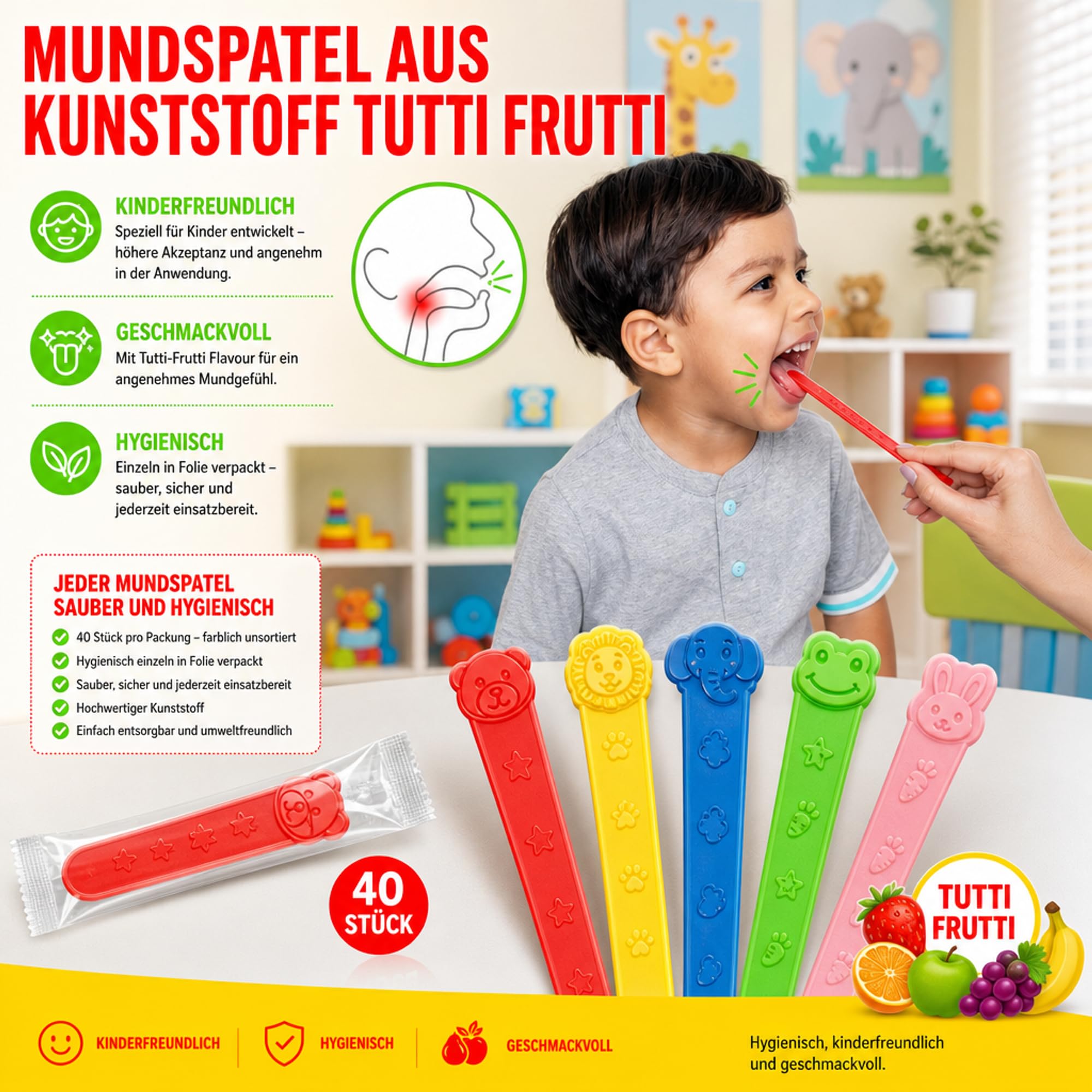 Bouche Spatule en plastique avec les arômes de fruits 40 pièces stériles, avec goût pour enfants ou orthophoniste