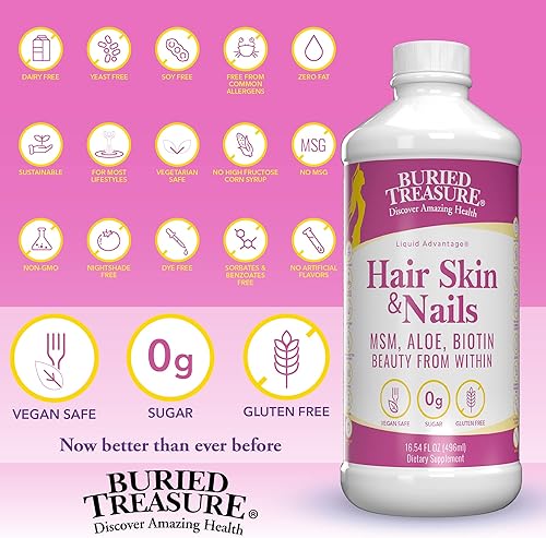 Miniatura 3 de Buried Treasure Cabello, piel y uñas con MSM Biotina Aloe Vera más vitaminas y minerales en un complejo de alimentos integrales líquidos de alta