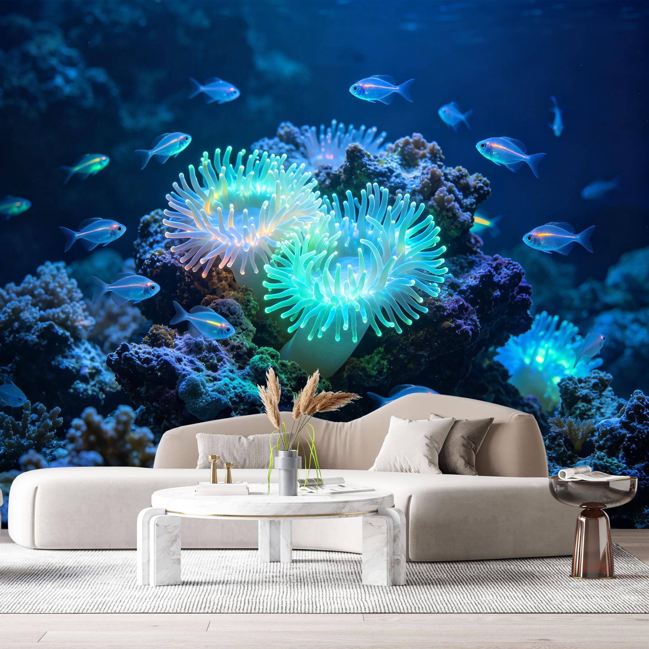 Custom Size Wall Murals Ocean Marine Tropical Fish Glowing Anemone Coral Reef SelfAdhesiveWall Fabric Removable Wallpaper Wall Decor for Living Room Bedroom Bathroom