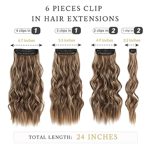 Miniatura 96 de Synthetic Clip in Hair Extensions, 6PCS Natural &Soft Hair& Blends Well Lonng Wavy Hairpieces(20inch,6pcs, Black with Brown Highlights)
