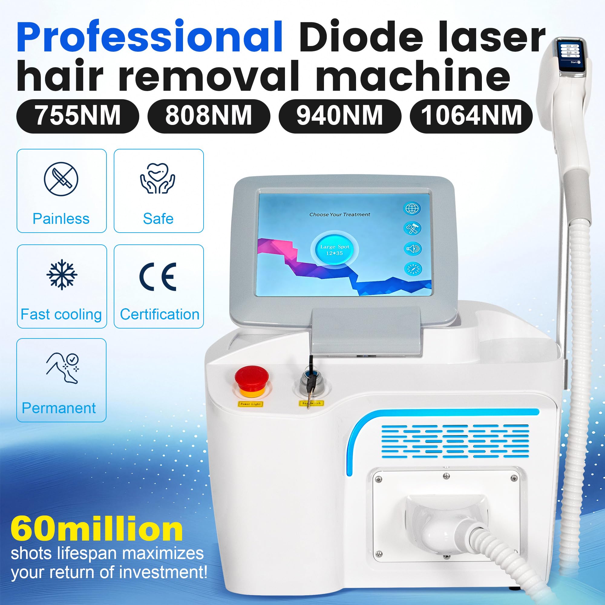10 barre Macchina per Depilazione Laser Diodo 808nm Touchscreen LCD | 755nm/808nm/940nm/1064nm Sistema di raffreddamento avanzato Epilazione indolore su tutto il corpo