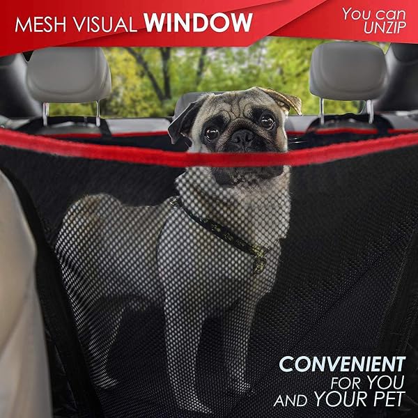Dog Hammock for Car Back seat with Mesh Visual Window, Side Flaps with Zipper, Padded 4 Layers Waterproof Heavy Duty Hammock with Storage Bag, Scratch Proof Nonslip Pet Car Seat Cover (Black/Red) - 4