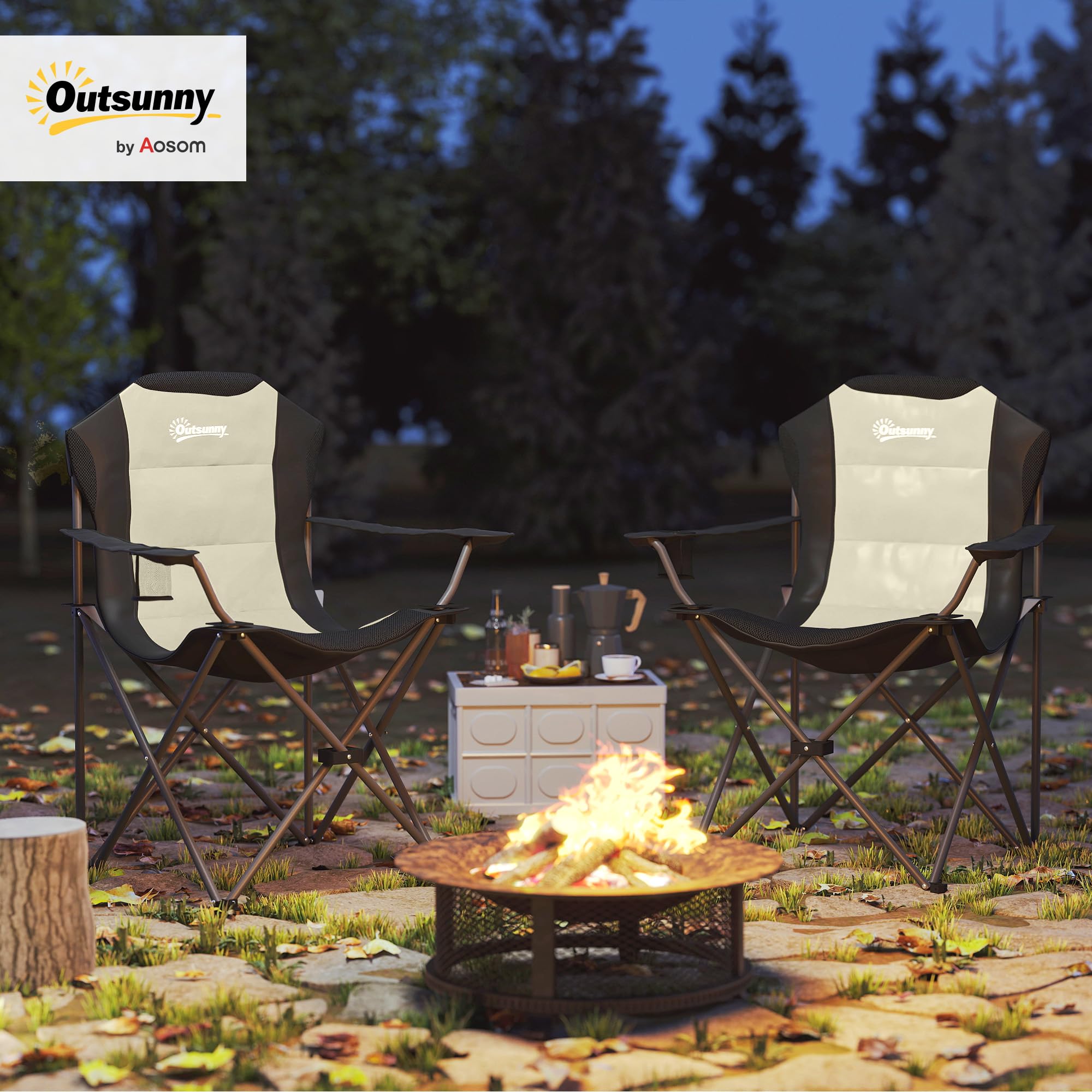 Outsunny Conjunto de 2 Sillas Plegables Camping con Respaldo Alto Sillas de Camping Portátil Acolchado con Reposabrazos Portavasos y Bolsas de Transporte para Acampada Jardín Terraza Crema y Negro