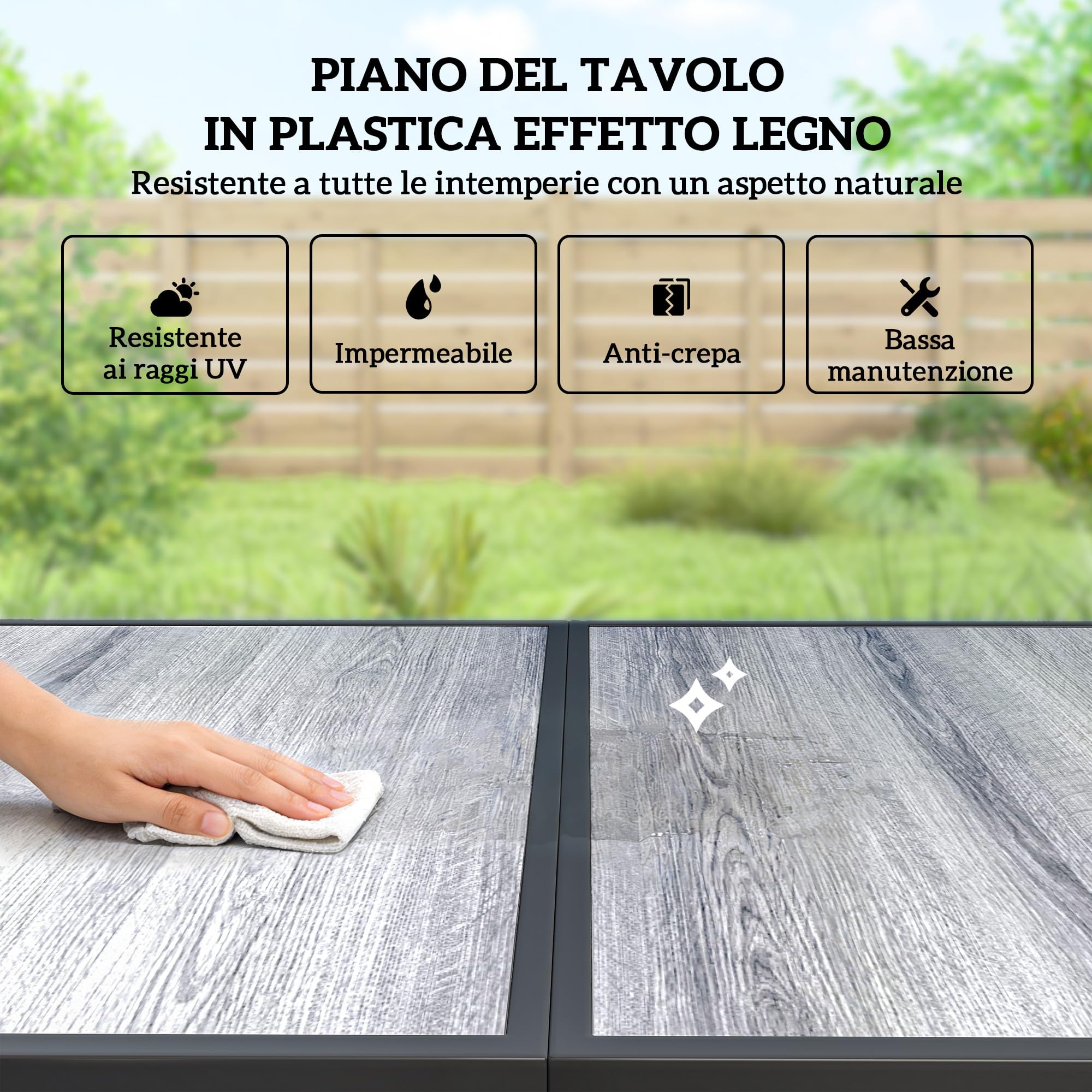 Outsunny Set Tavolo e Sedie da Giardino 7 Pezzi, Tavolo Effetto Legno, 6 Sedie in Texteline Traspirante, Acciaio Zincato, Nero