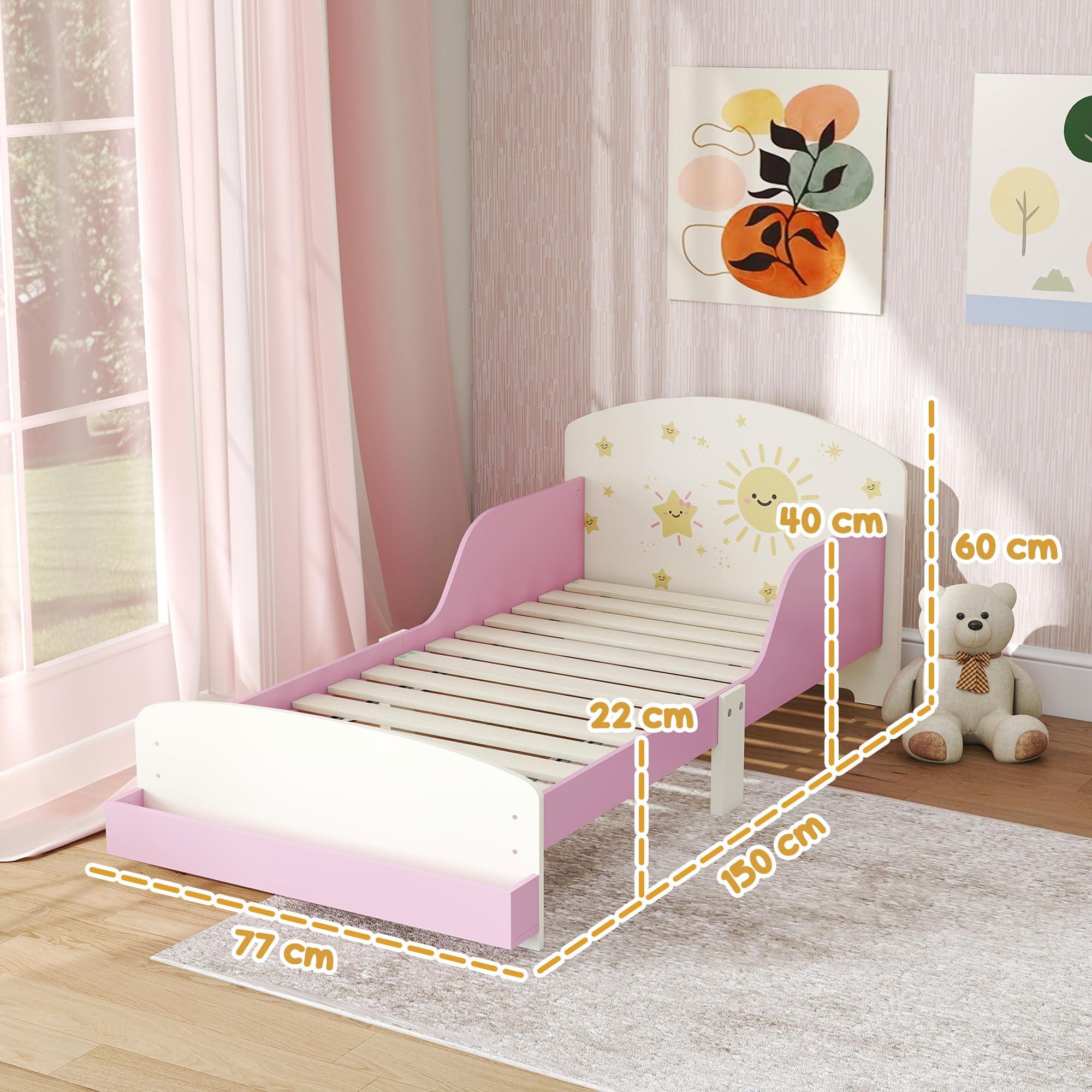 AIYAPLAY Letto per Bambini 3-8 Ann Basso con Spazio Contenitore e Sponde Laterali, Lettino per Bambini in MDF e Compensato, 150x77x60 cm, Rosa