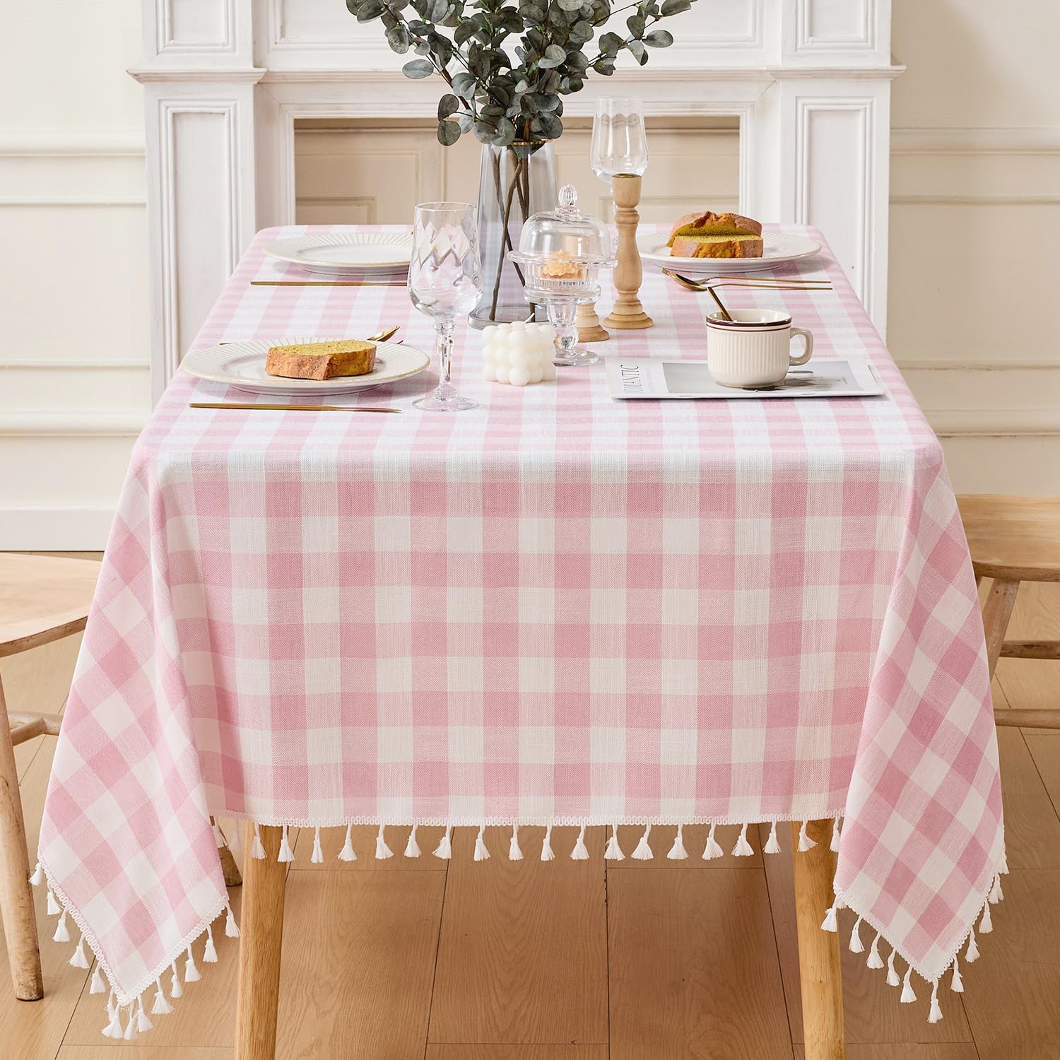 JIALE Gingham Tablecloth Rectangle Cotton Linen Fabric Checkered Table Cloth with Tassel Washable Wrinkle Free Buffalo Plaid Table Cover for Birthday Party Picnic Outdoor, Pink, 55x75